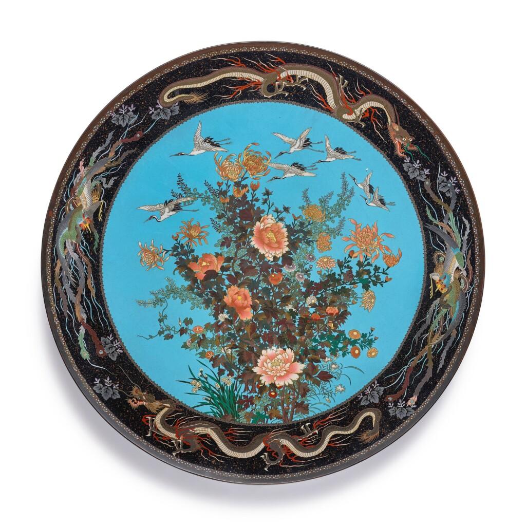A massive Museum pair of Meiji Period Japanese Cloisonne Enamel chargers plates, attributed to Hayashi Kodenji Studio, 19th century.

Each measuring 30