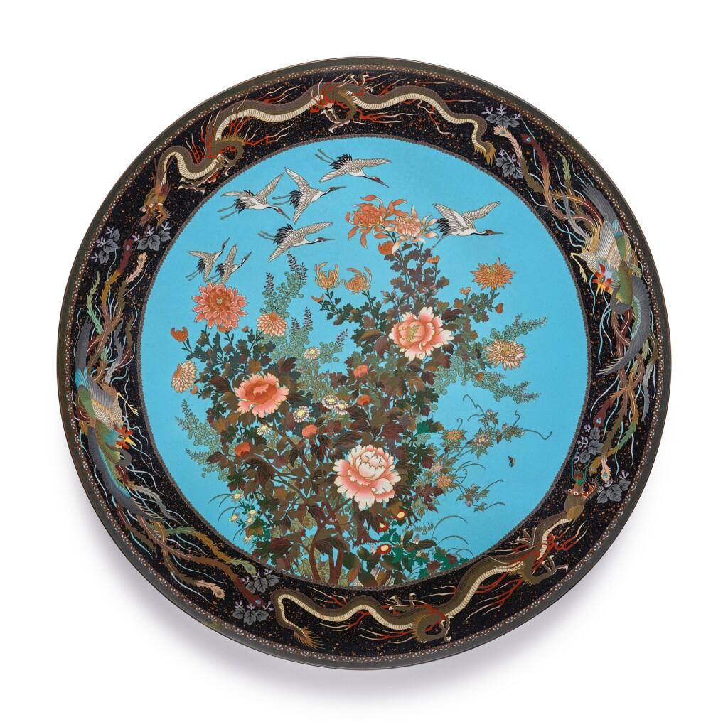 Massive Museum Pair of Meiji Period Japanese Cloisonne Enamel Chargers Plates In Good Condition For Sale In New York, NY