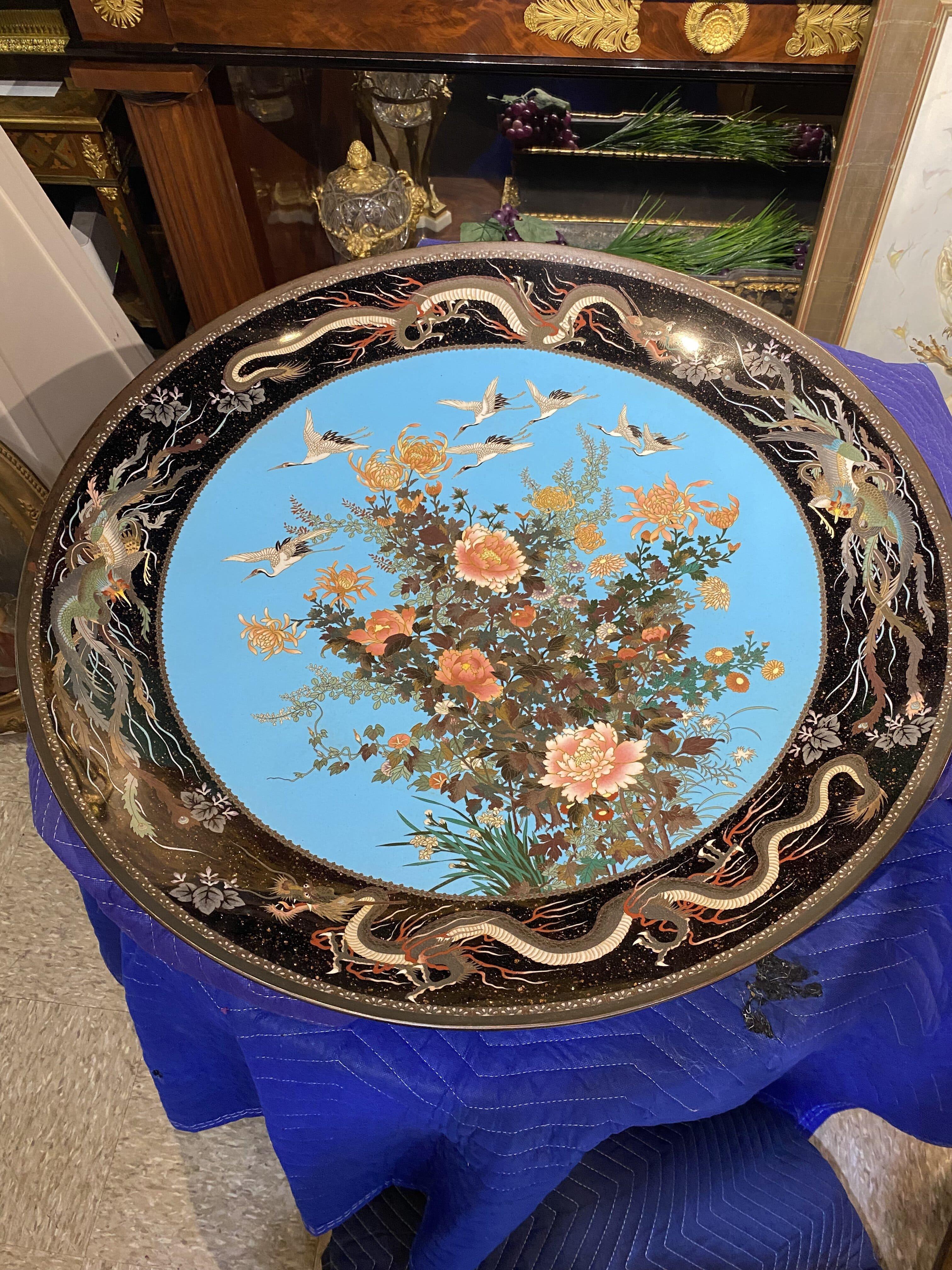 Massive Museum Pair of Meiji Period Japanese Cloisonne Enamel Chargers Plates For Sale 3