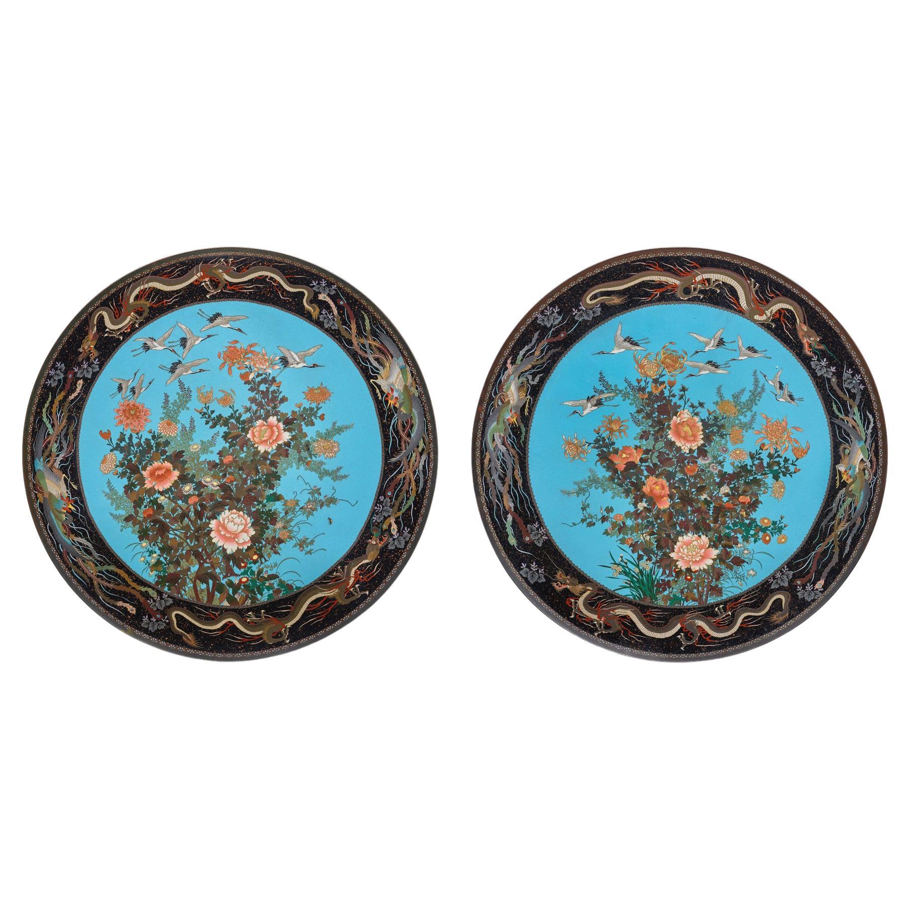 Massive Museum Pair of Meiji Period Japanese Cloisonne Enamel Chargers Plates For Sale
