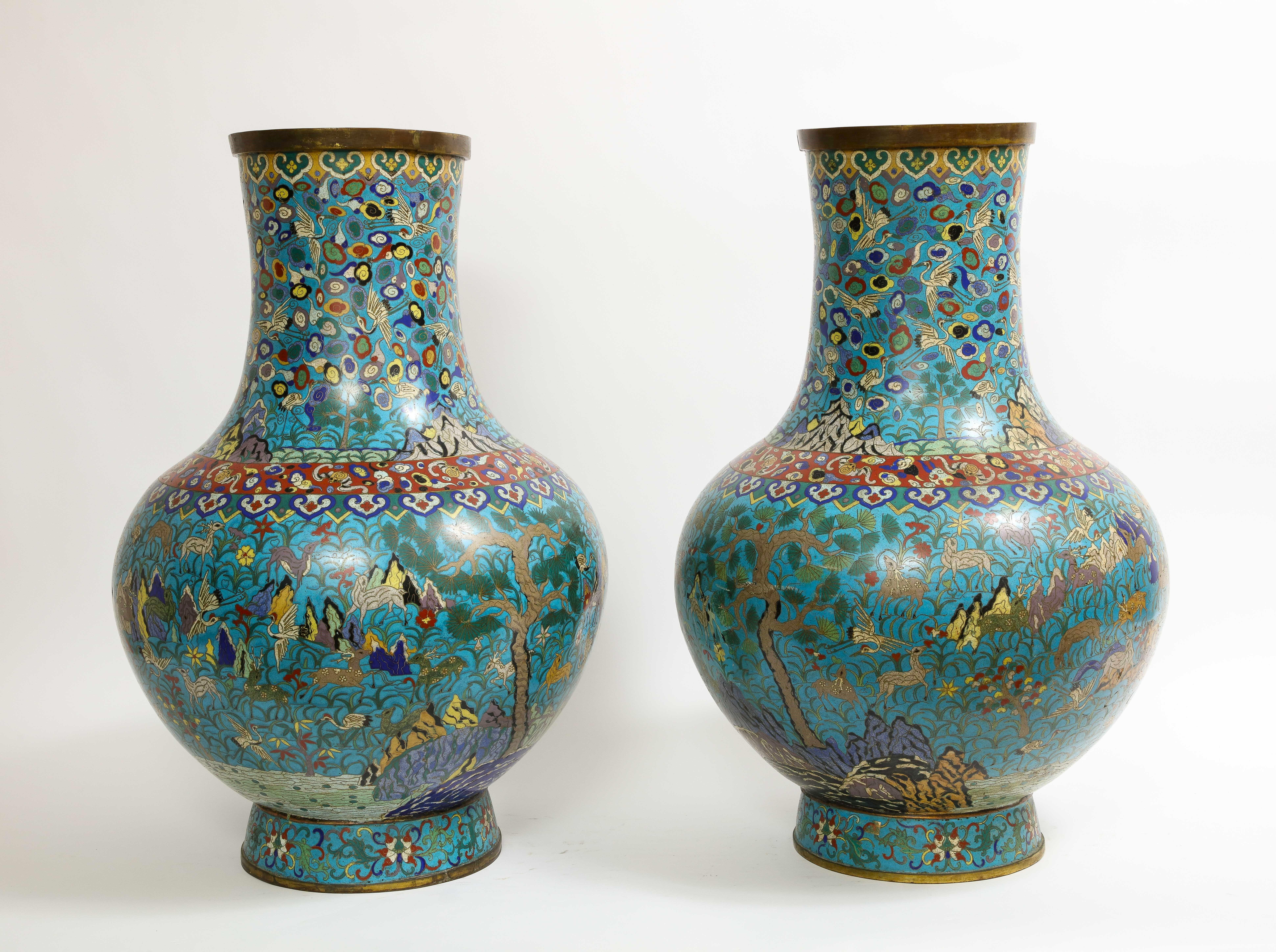 Qing Massive Pair of 19th C. Chinese Cloisonne Enamel Vases with Deer Decoration For Sale
