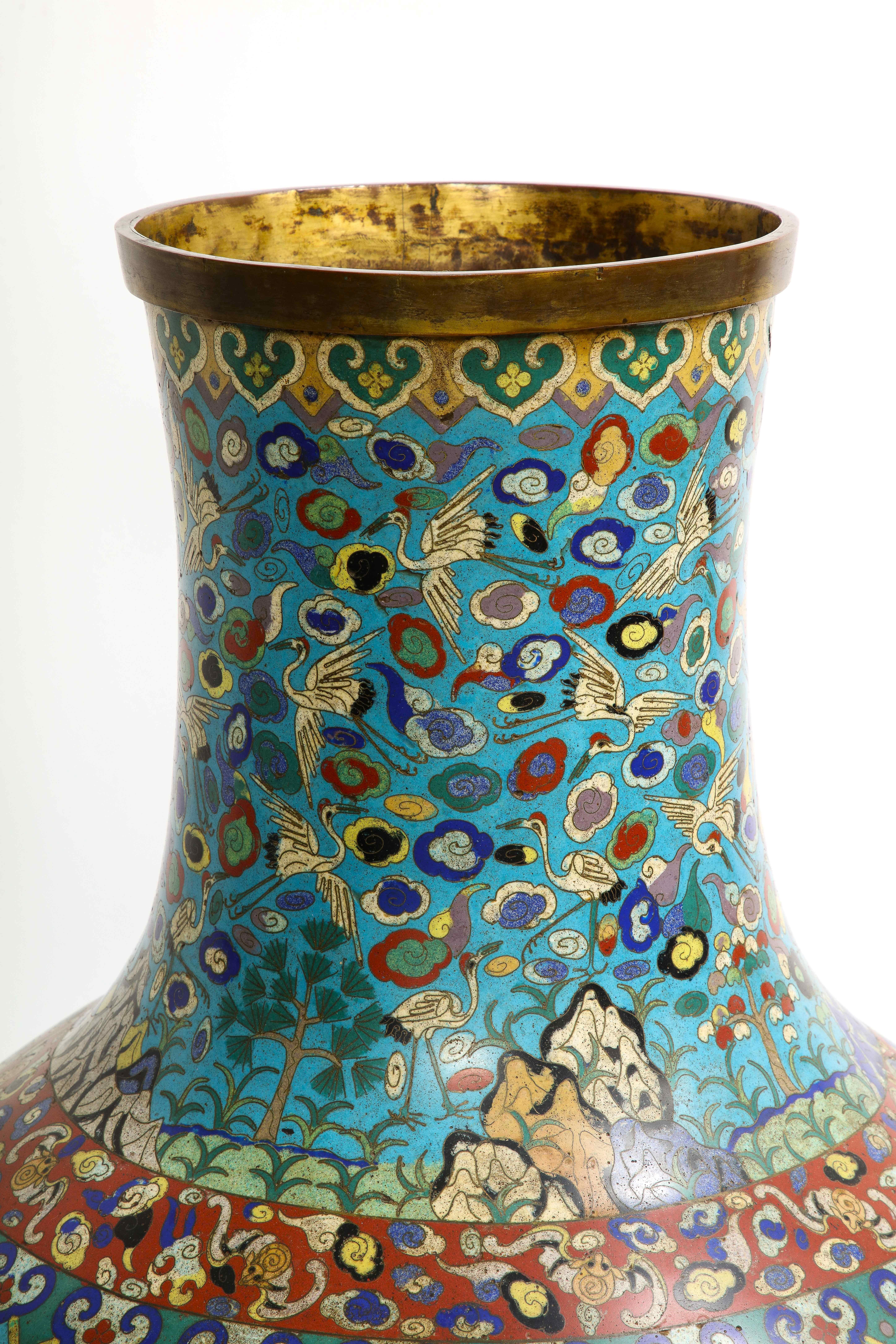 Massive Pair of 19th C. Chinese Cloisonne Enamel Vases with Deer Decoration In Good Condition For Sale In New York, NY