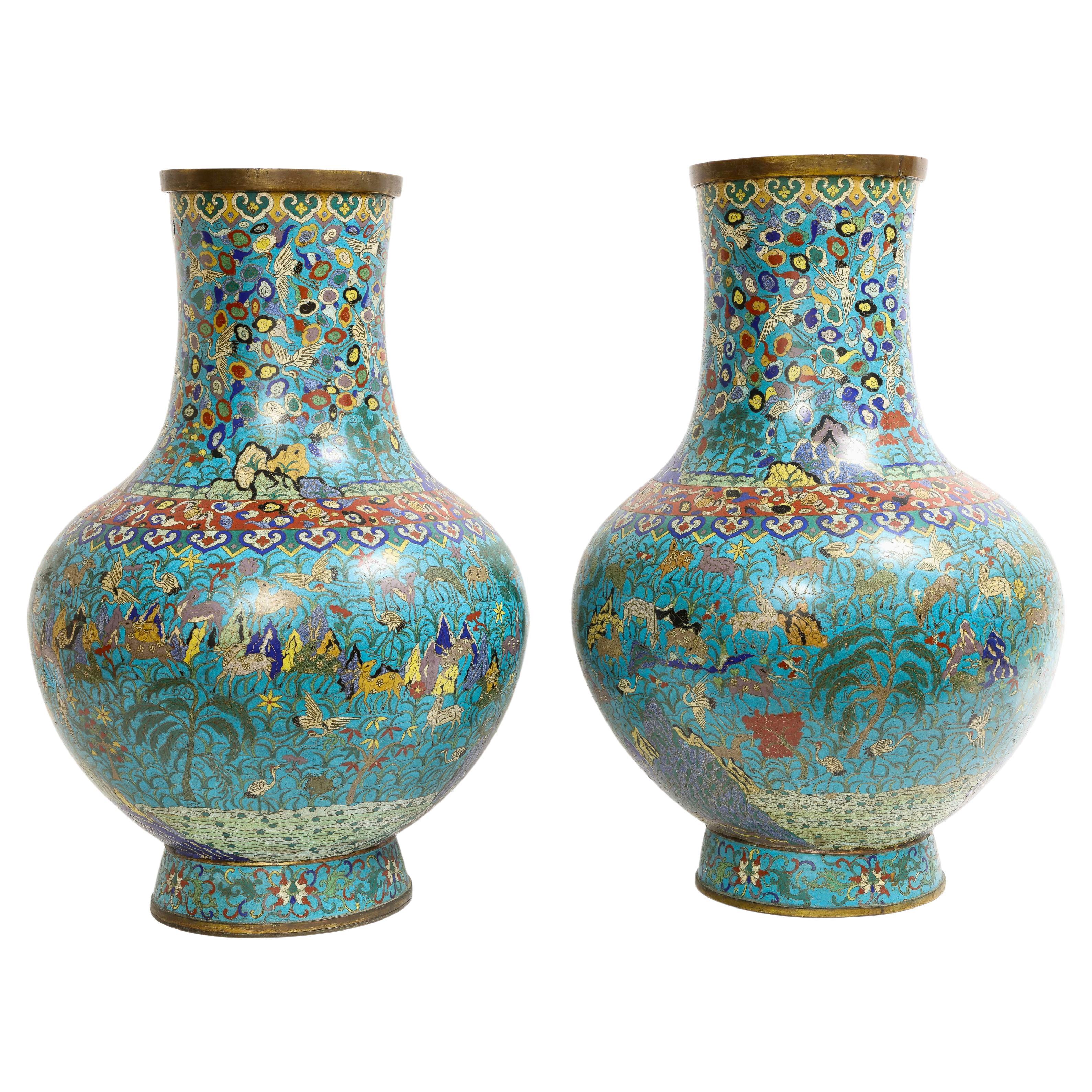 Massive Pair of 19th C. Chinese Cloisonne Enamel Vases with Deer Decoration For Sale