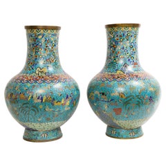 Massive Pair of 19th C. Chinese Cloisonne Enamel Vases with Deer Decoration