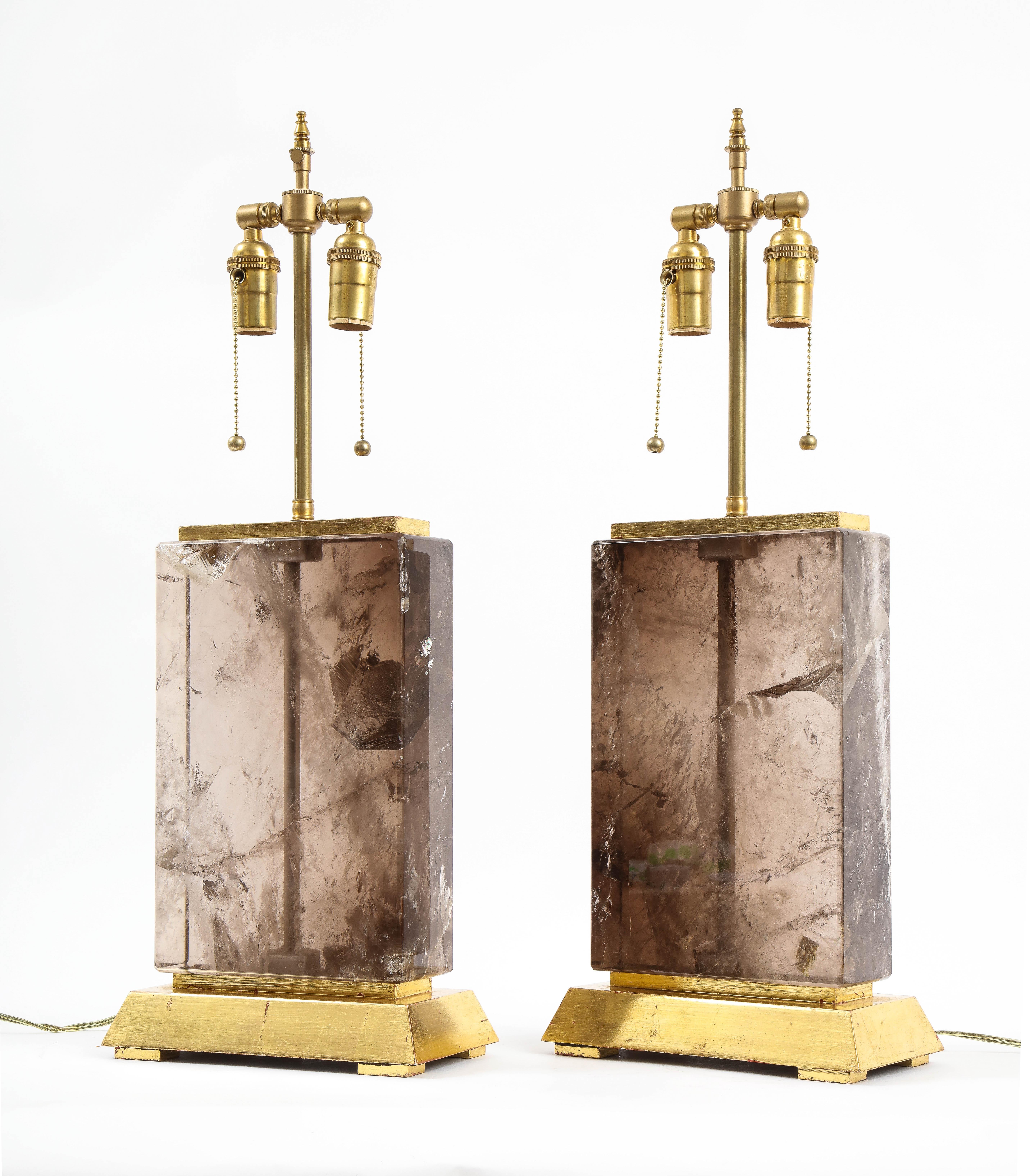 Mid-Century Modern Massive Pair of 20th C. French Smokey Rock Crystal and Gilt Wood Base Lamps For Sale