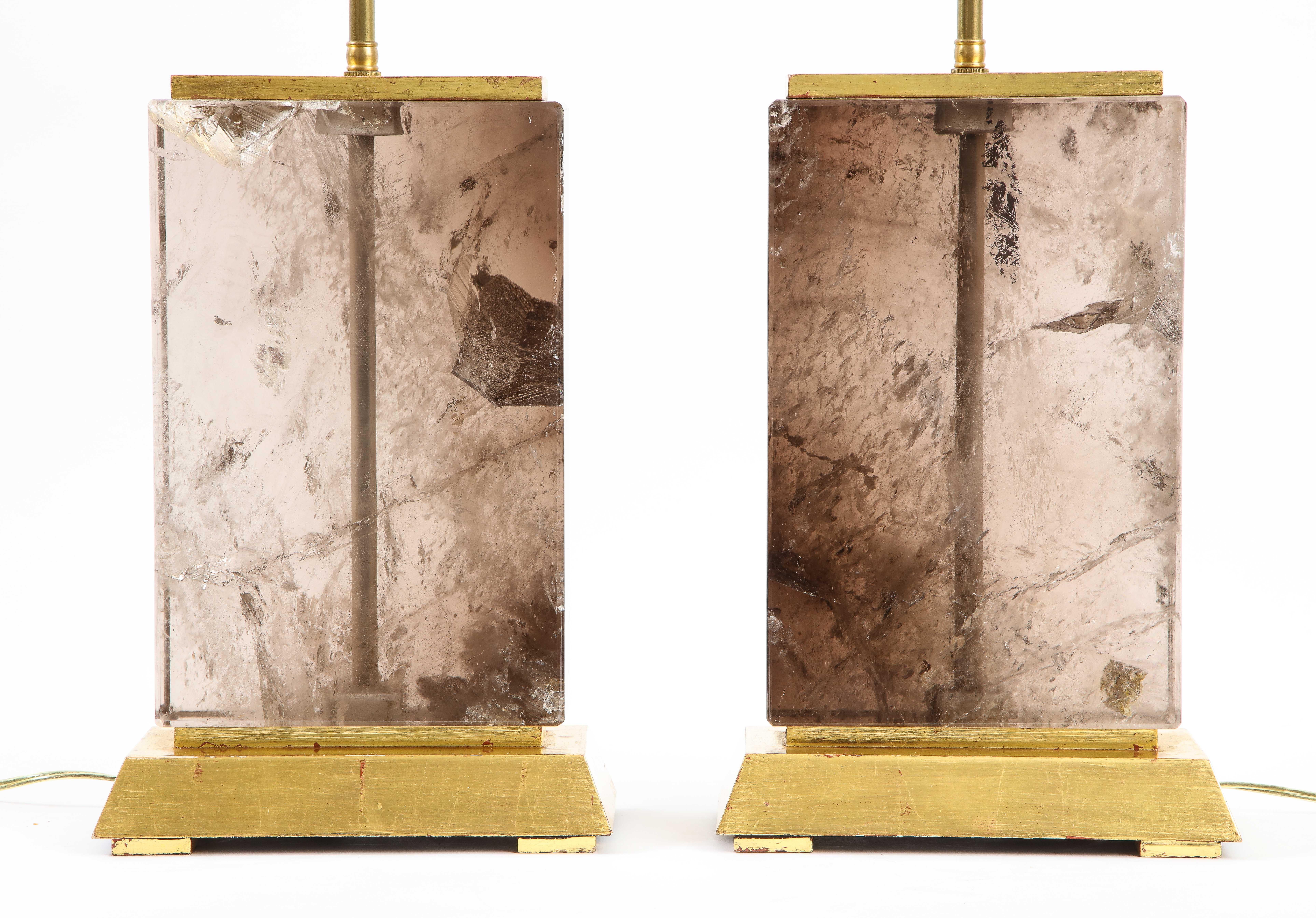 Hand-Carved Massive Pair of 20th C. French Smokey Rock Crystal and Gilt Wood Base Lamps For Sale
