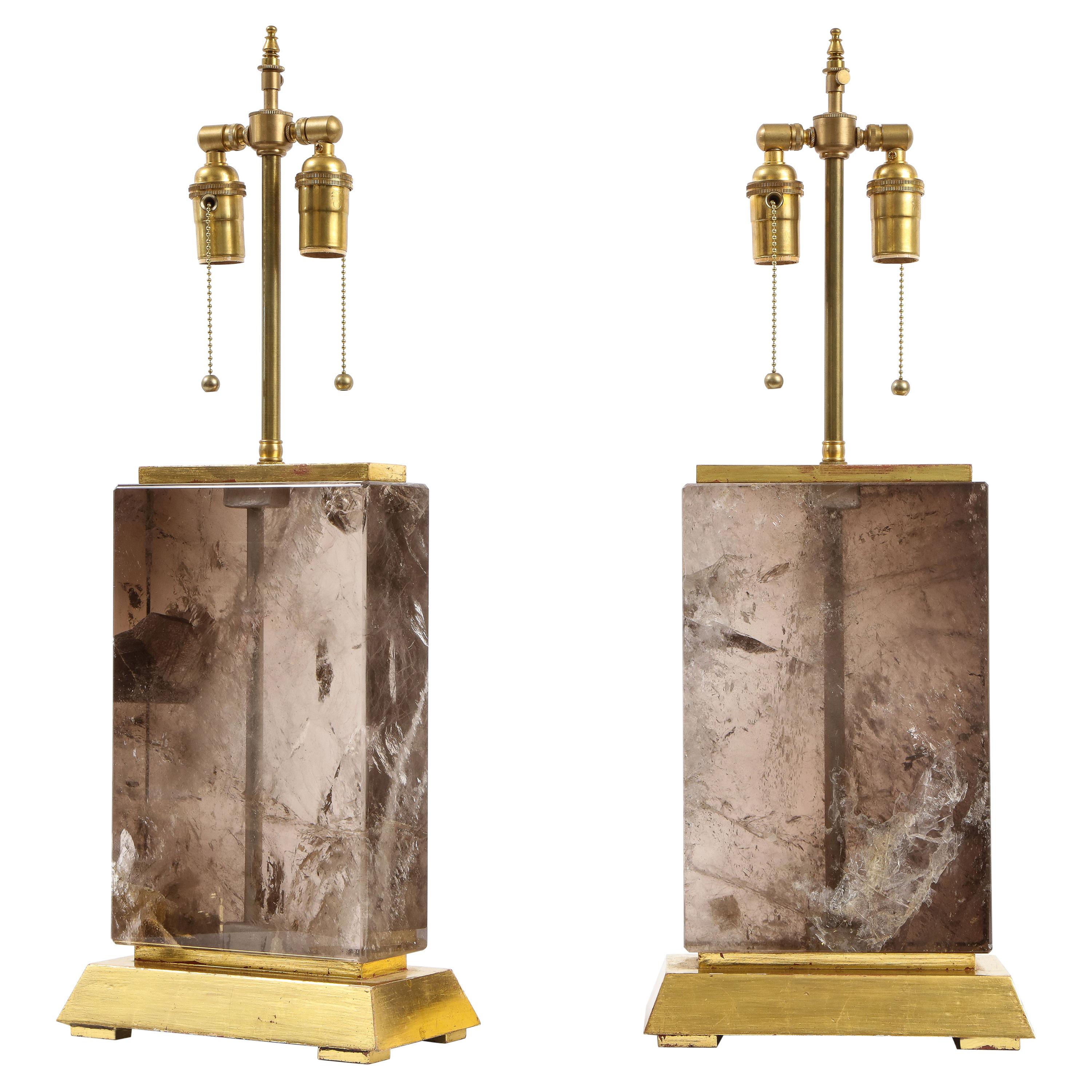 Massive Pair of 20th C. French Smokey Rock Crystal and Gilt Wood Base Lamps