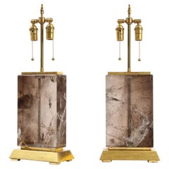 Vintage Massive Pair of 20th C. French Smokey Rock Crystal and Gilt Wood Base Lamps