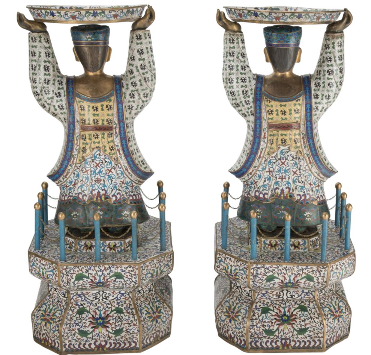 Chinese Export Massive Pair of Chinese Cloisonne Enamel Figures of Attendants, Qing Dynasty For Sale