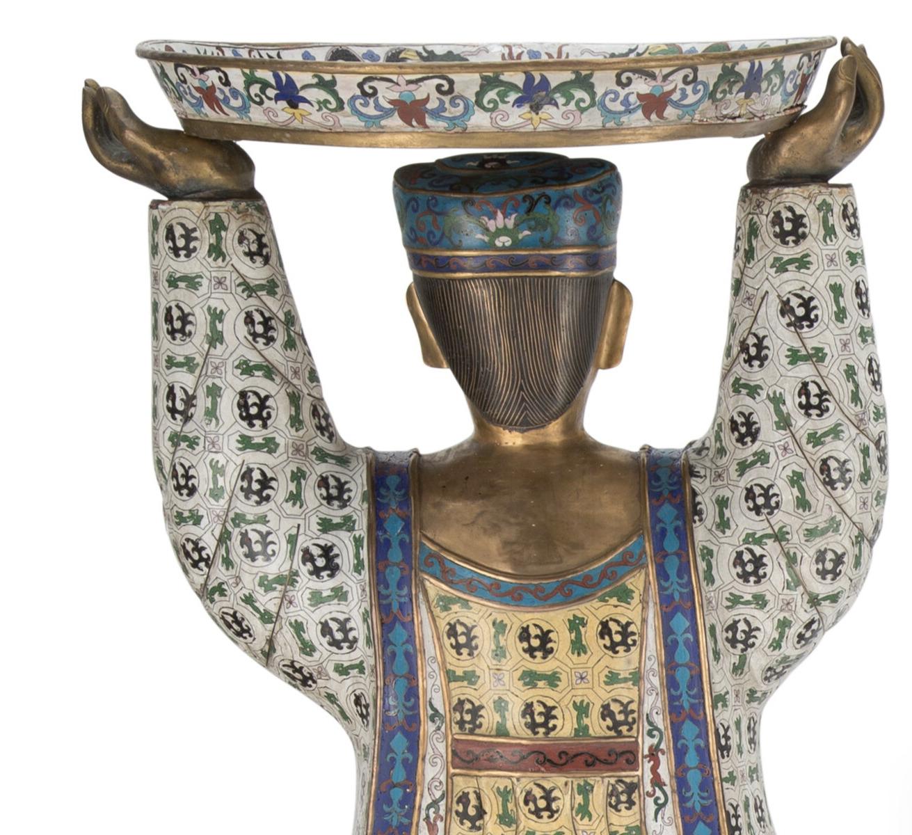 19th Century Massive Pair of Chinese Cloisonne Enamel Figures of Attendants, Qing Dynasty