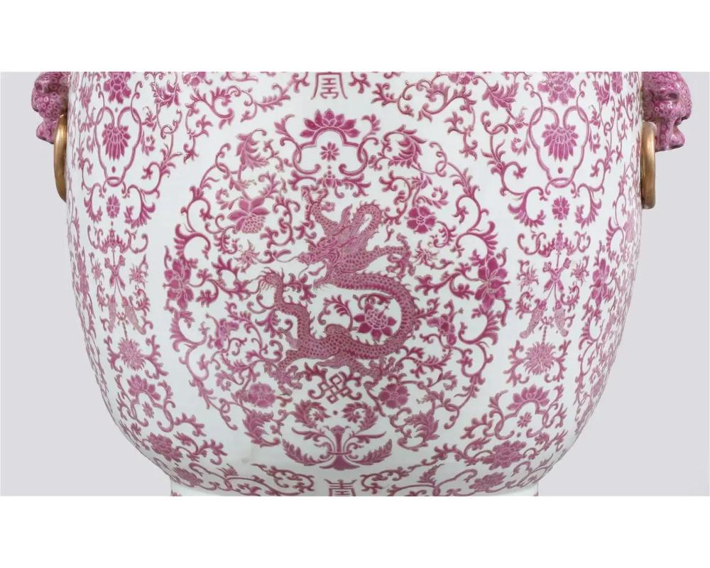 A Massive Pair of Chinese Pink and White Dragon Porcelain Planters In Good Condition For Sale In New York, NY