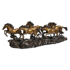 Massive Patinated Bronze Sculpture of Running Horses