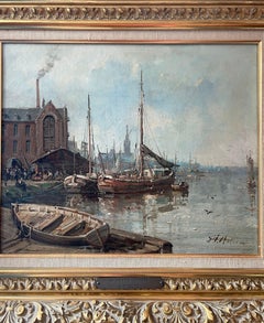 A. Masson “Anvers from the River” Oil Painting. 19th Century, France.