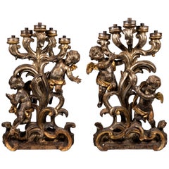 Antique A Matched Pair of 18th Century Italian Silver Gilt Figurative Candelabra