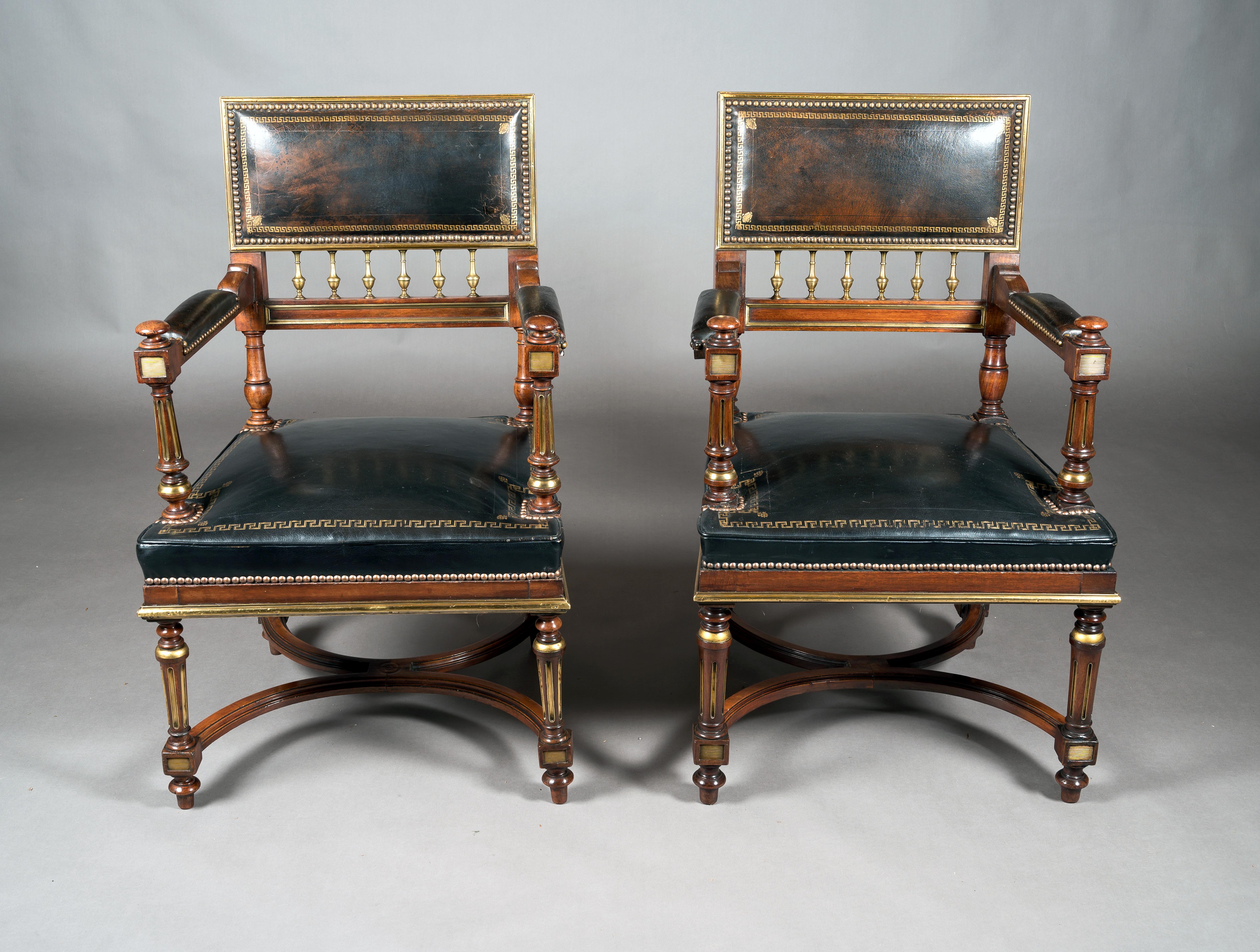 Matched Pair of 19th Century French Brass Mounted and Leather Armchairs 7