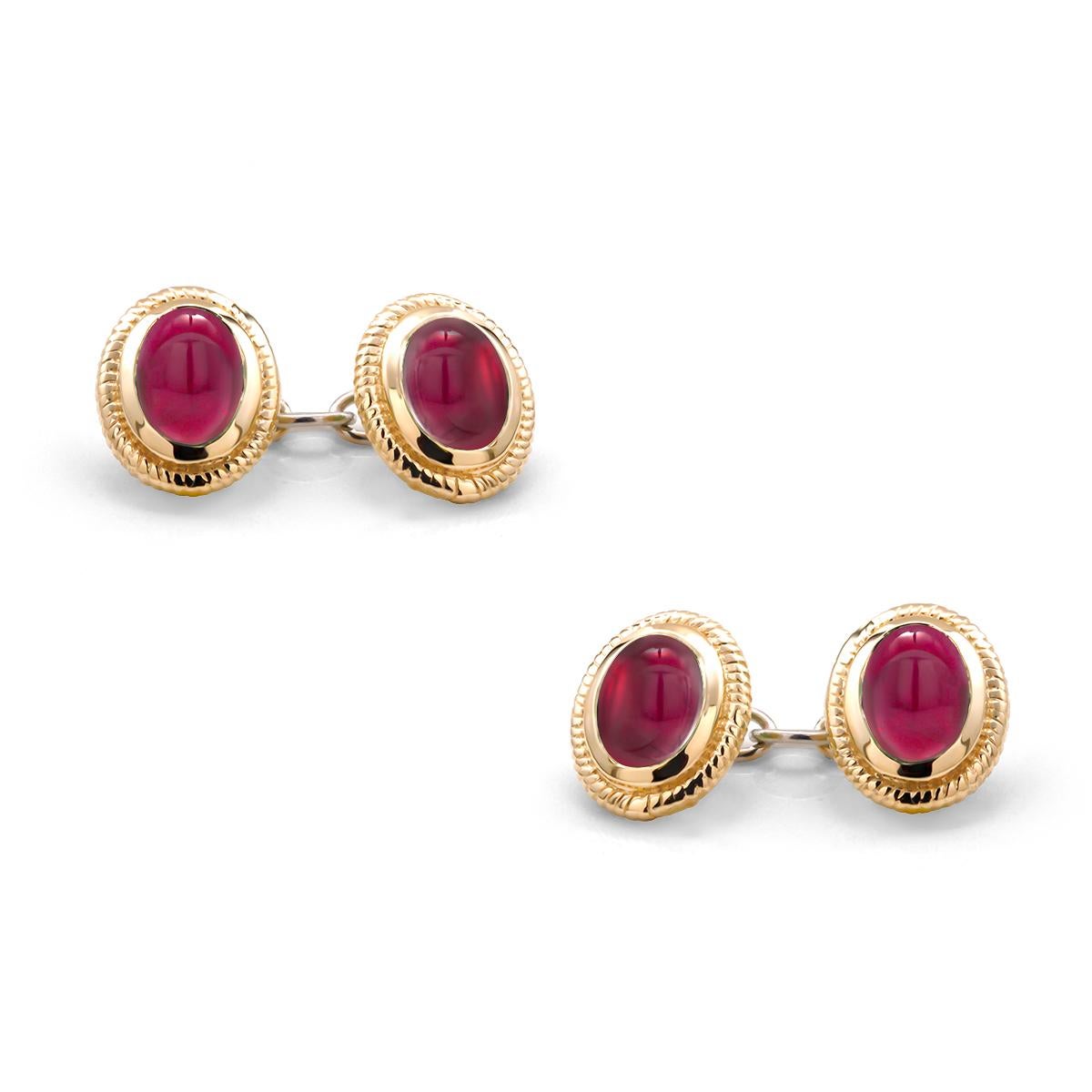 Modern Matched Pair of Cabochon Ruby Double Sides Chain Link Cufflinks