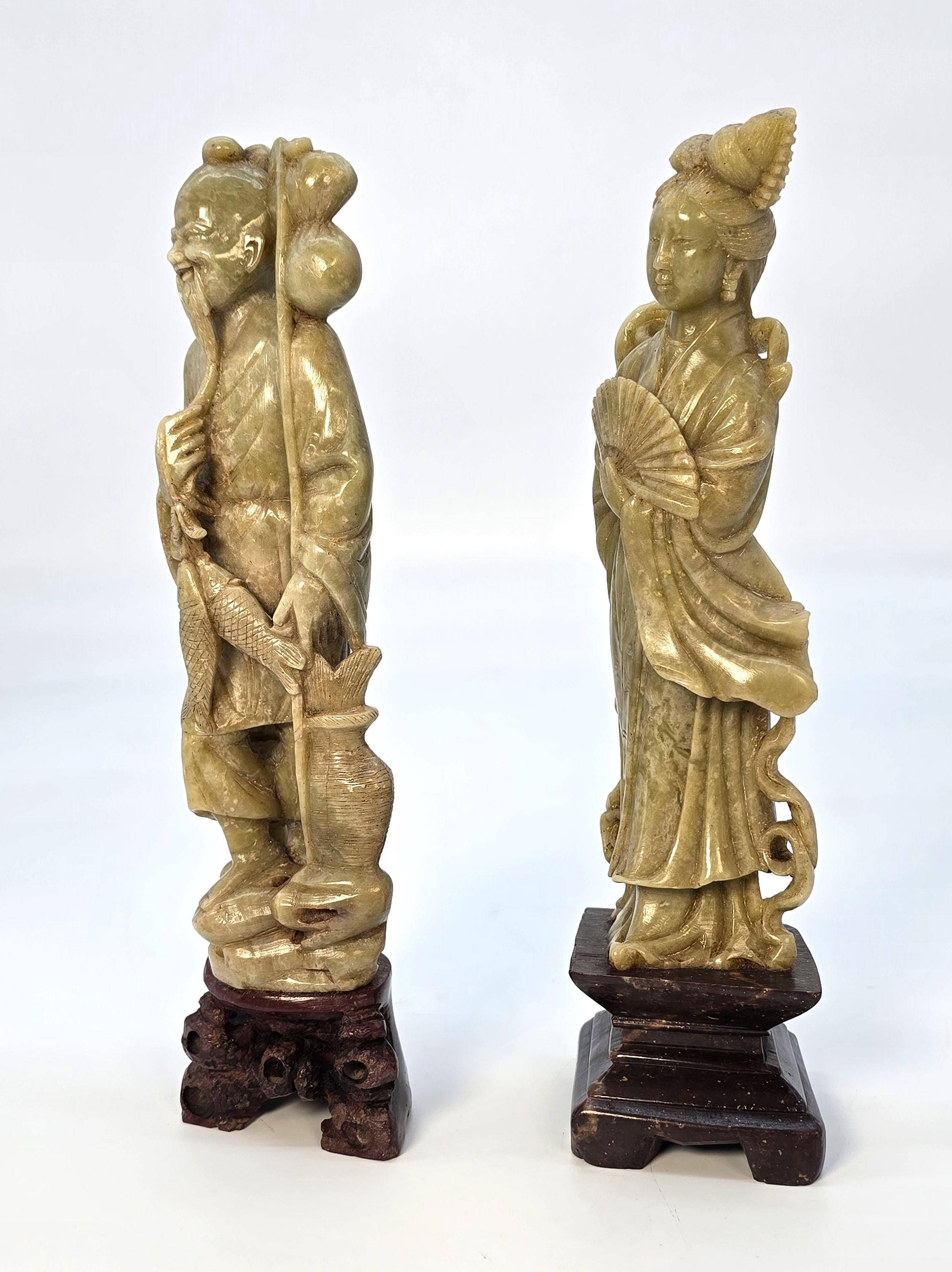 Chinese Export A matched pair of Chinese soapstone hand carved figures circa 1900 For Sale