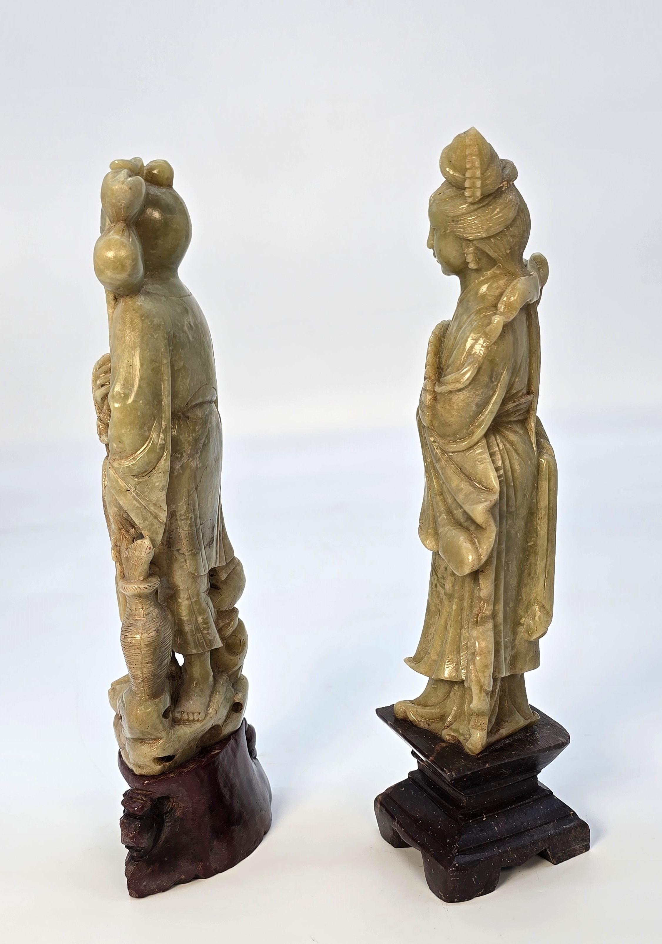 Carved A matched pair of Chinese soapstone hand carved figures circa 1900 For Sale