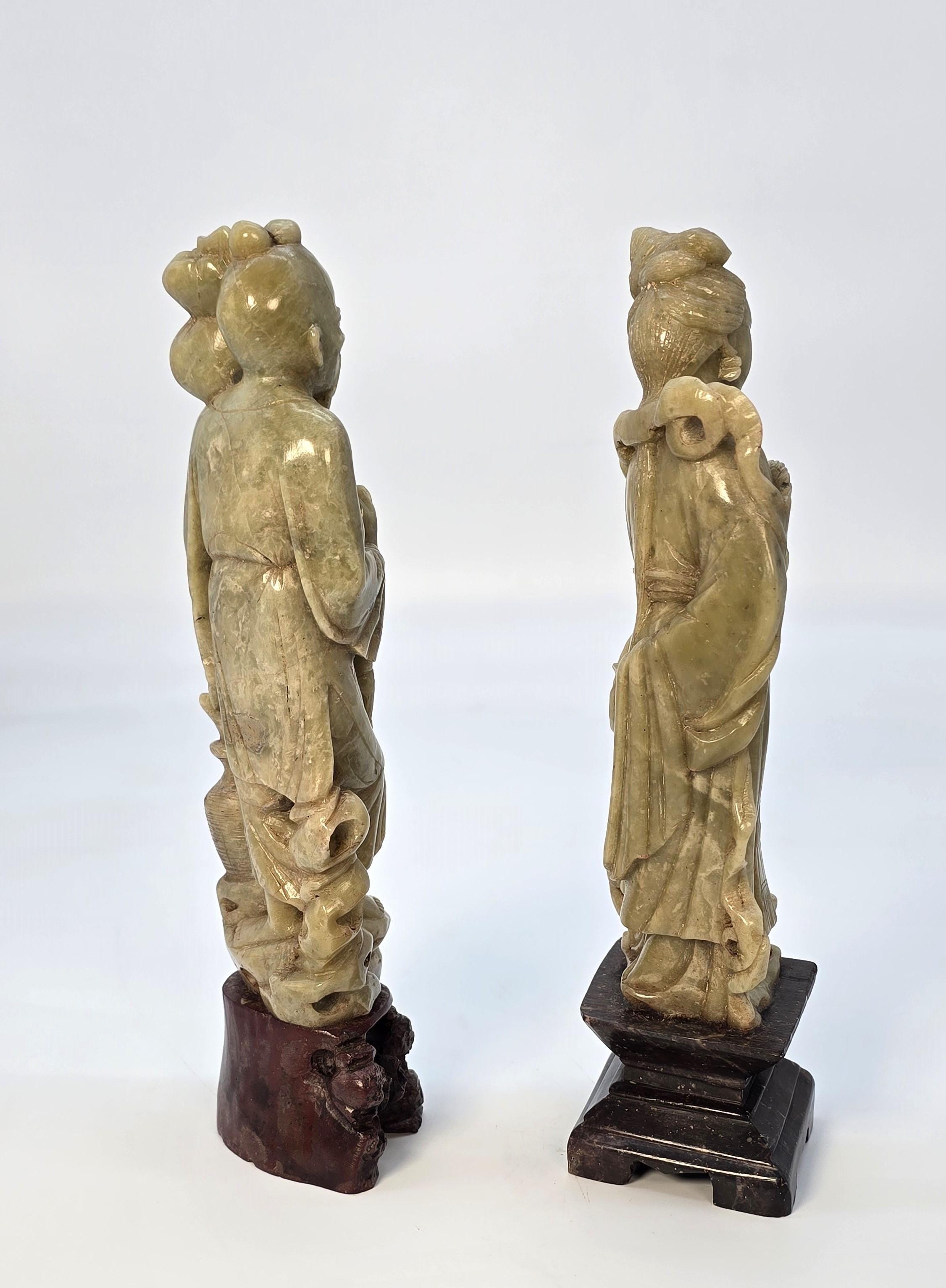 20th Century A matched pair of Chinese soapstone hand carved figures circa 1900 For Sale