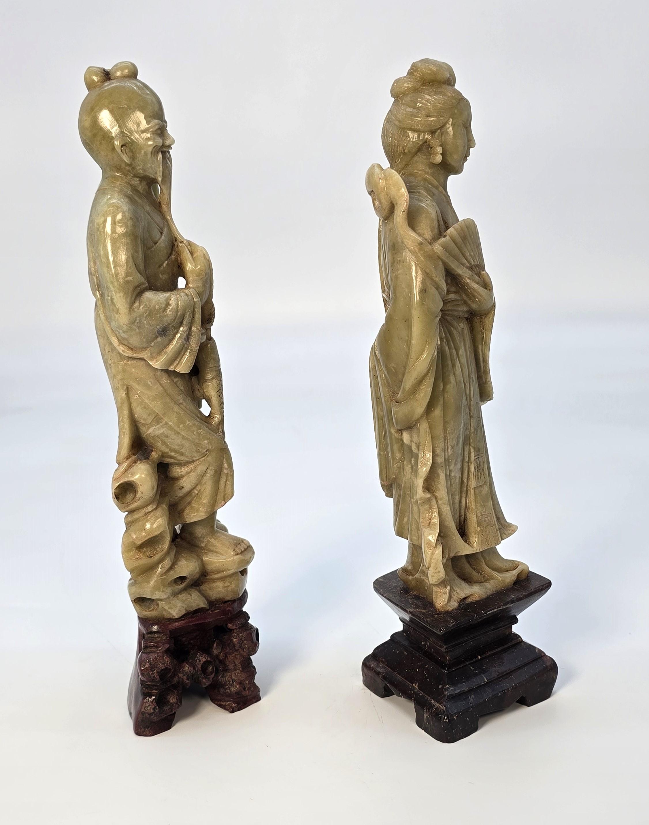 Soapstone A matched pair of Chinese soapstone hand carved figures circa 1900 For Sale