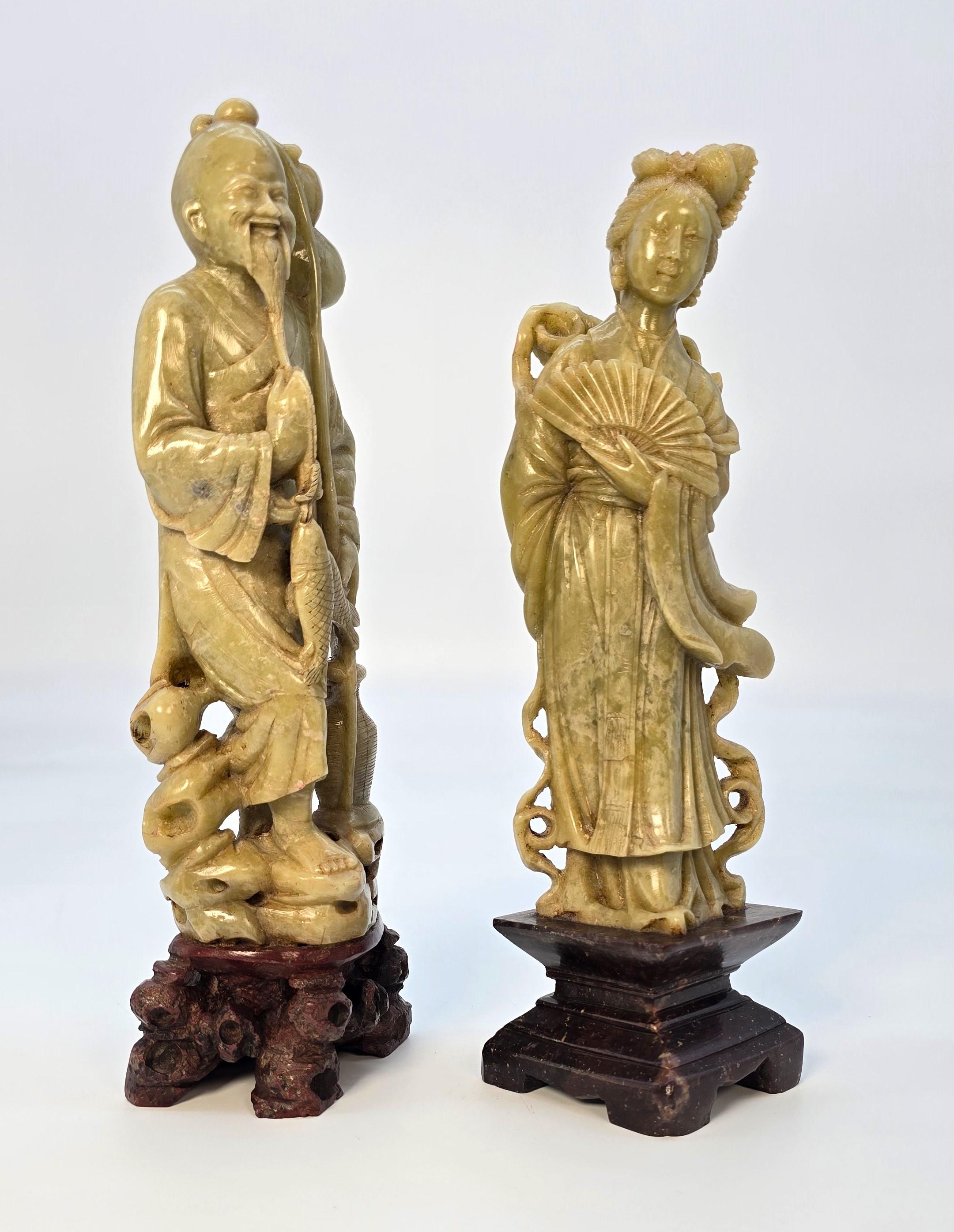 A matched pair of Chinese soapstone hand carved figures circa 1900 For Sale 1