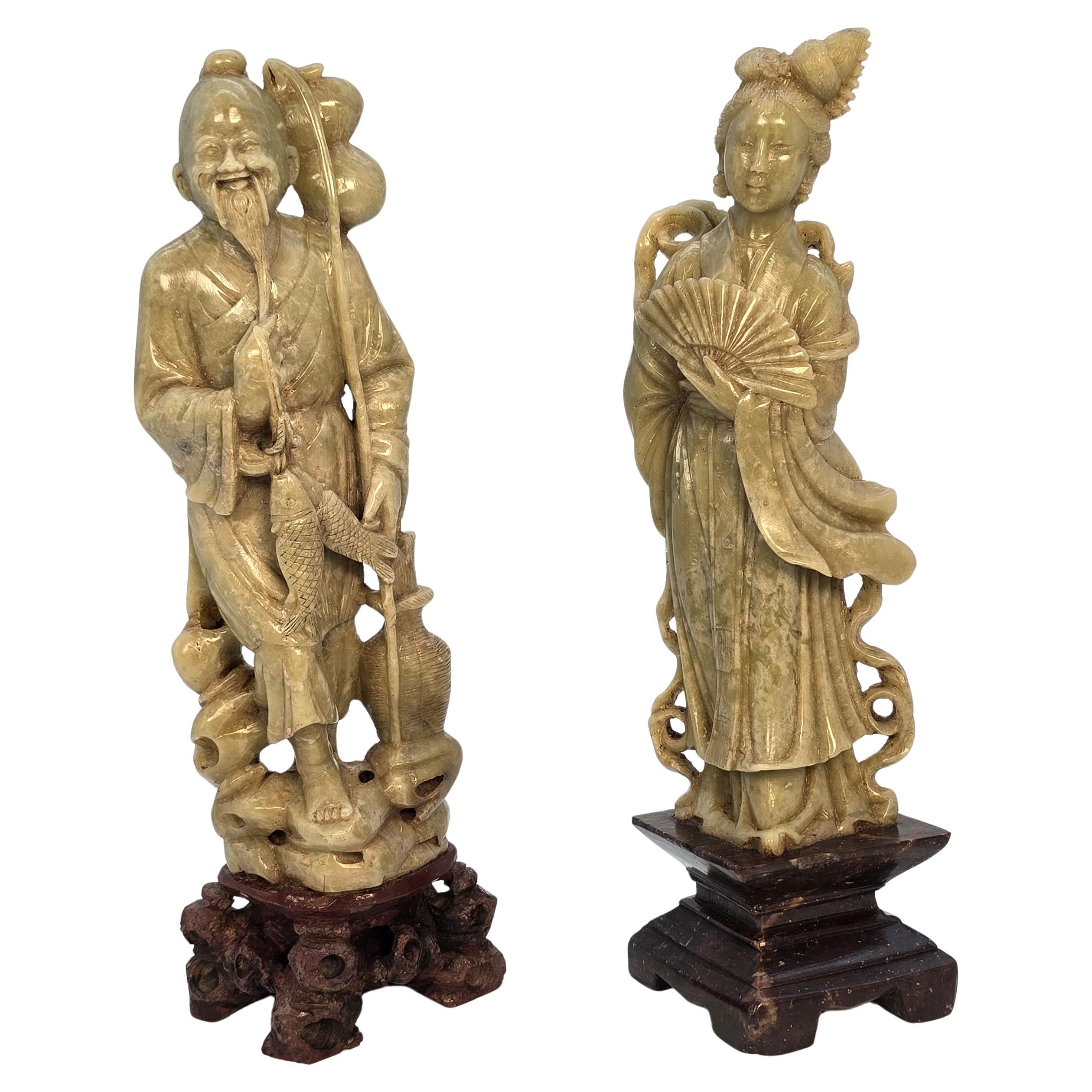 A matched pair of Chinese soapstone hand carved figures circa 1900 For Sale