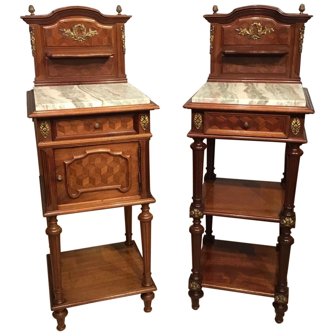 Matched Pair of French Mahogany and Ormolu Mounted Antique Bedside