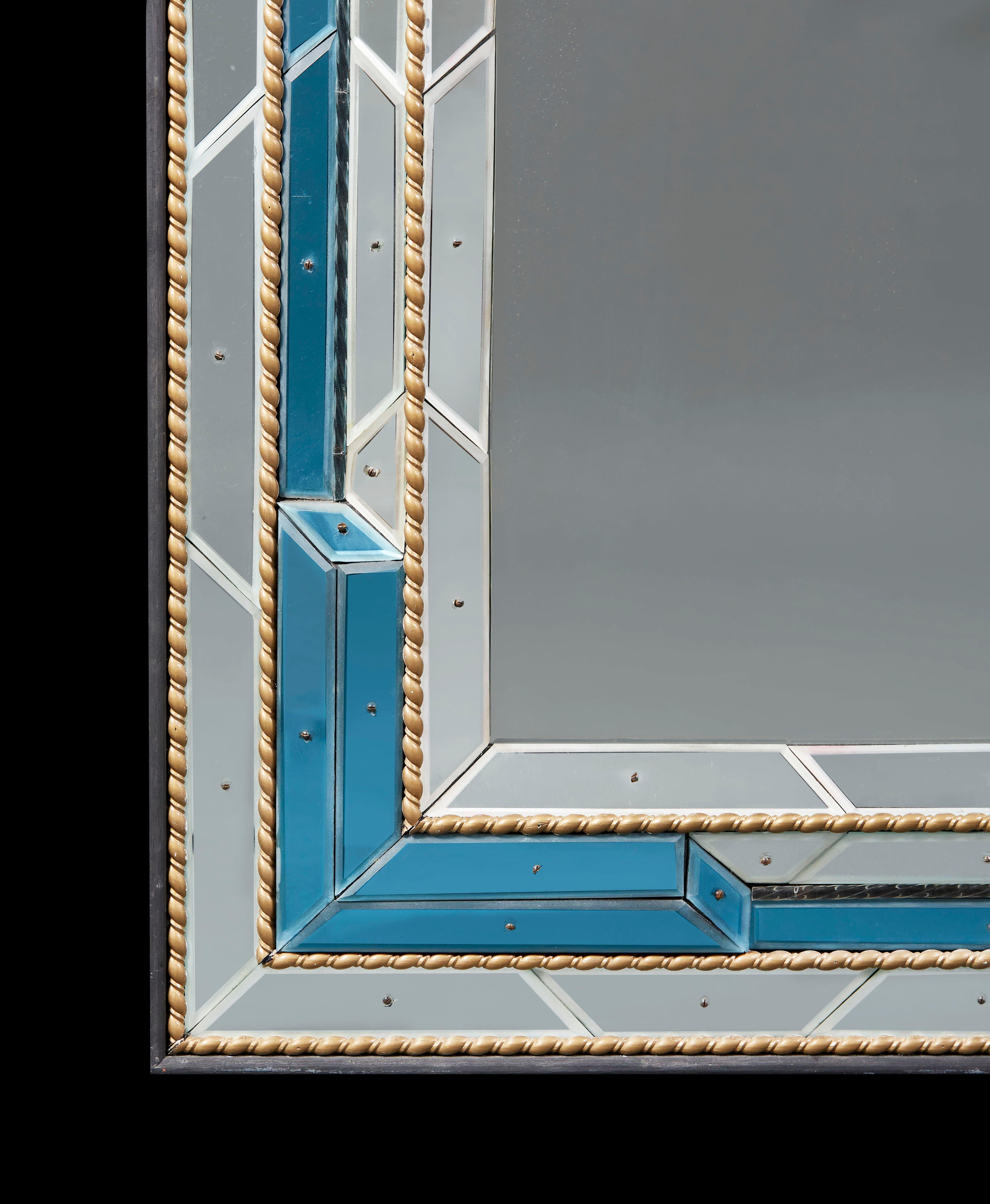 Italian A Matched Pair of Overscale Mid-Century Venetian Mirrors with Blue Border