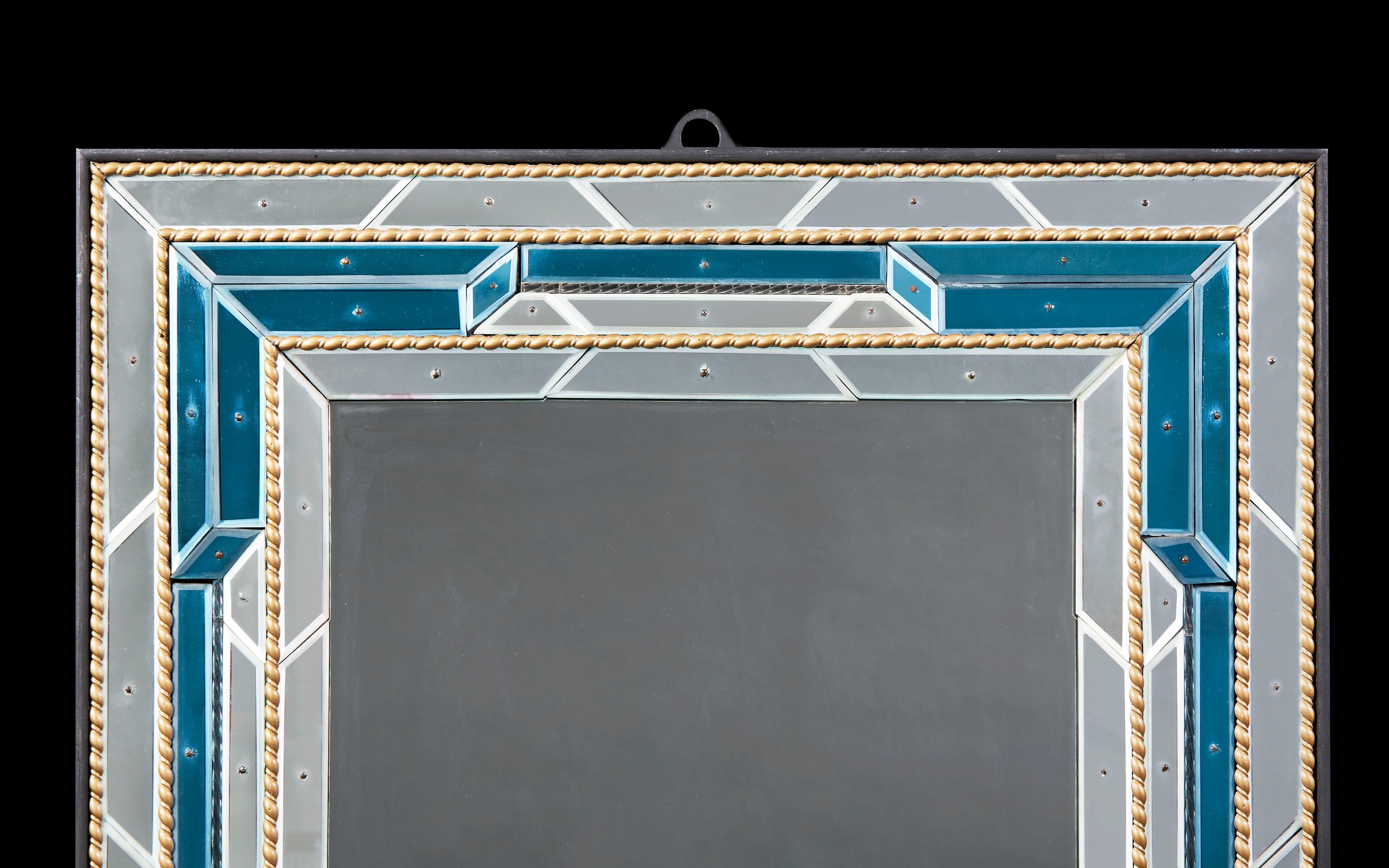 A Matched Pair of Overscale Mid-Century Venetian Mirrors with Blue Border In Good Condition In London, GB