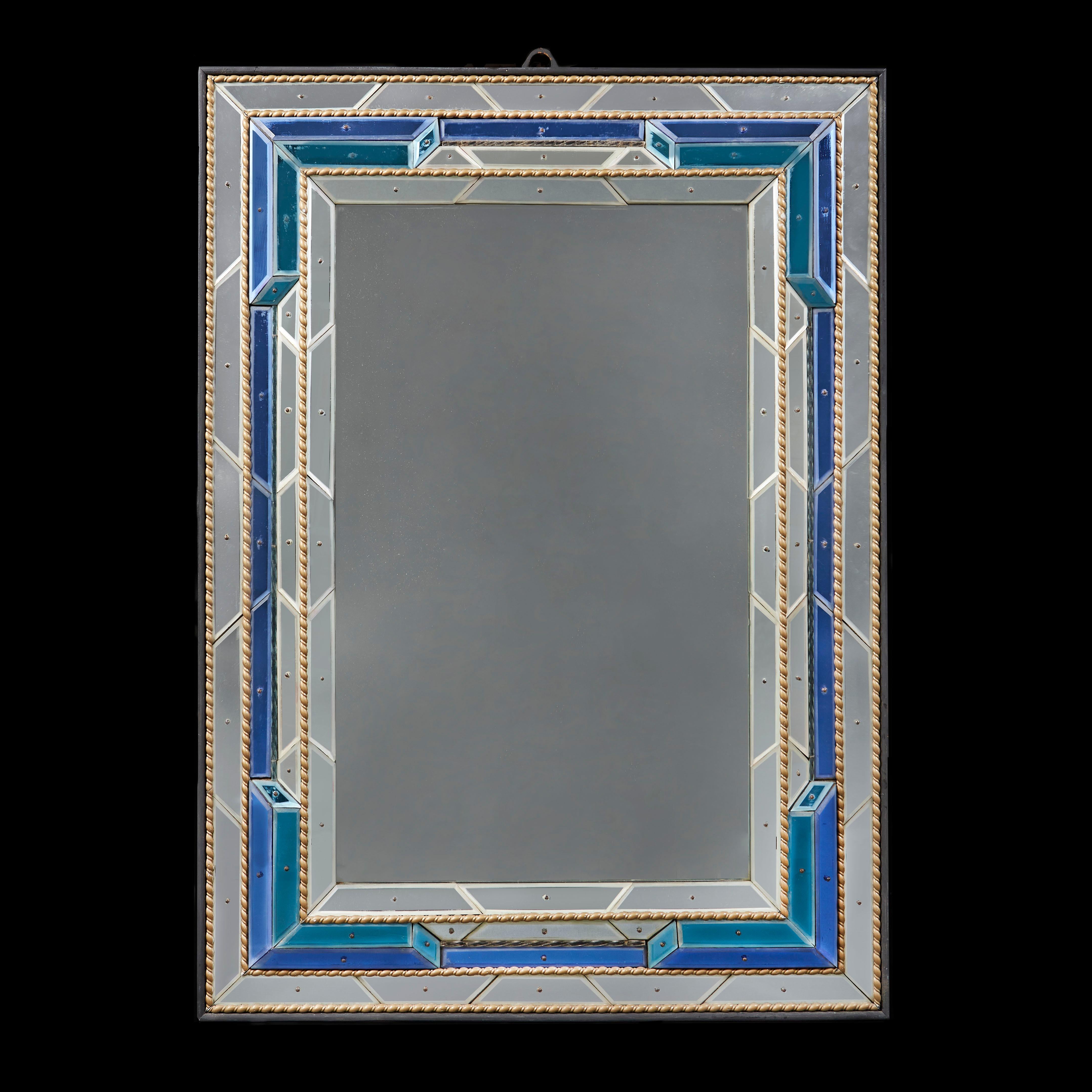 Mid-20th Century A Matched Pair of Overscale Mid-Century Venetian Mirrors with Blue Border