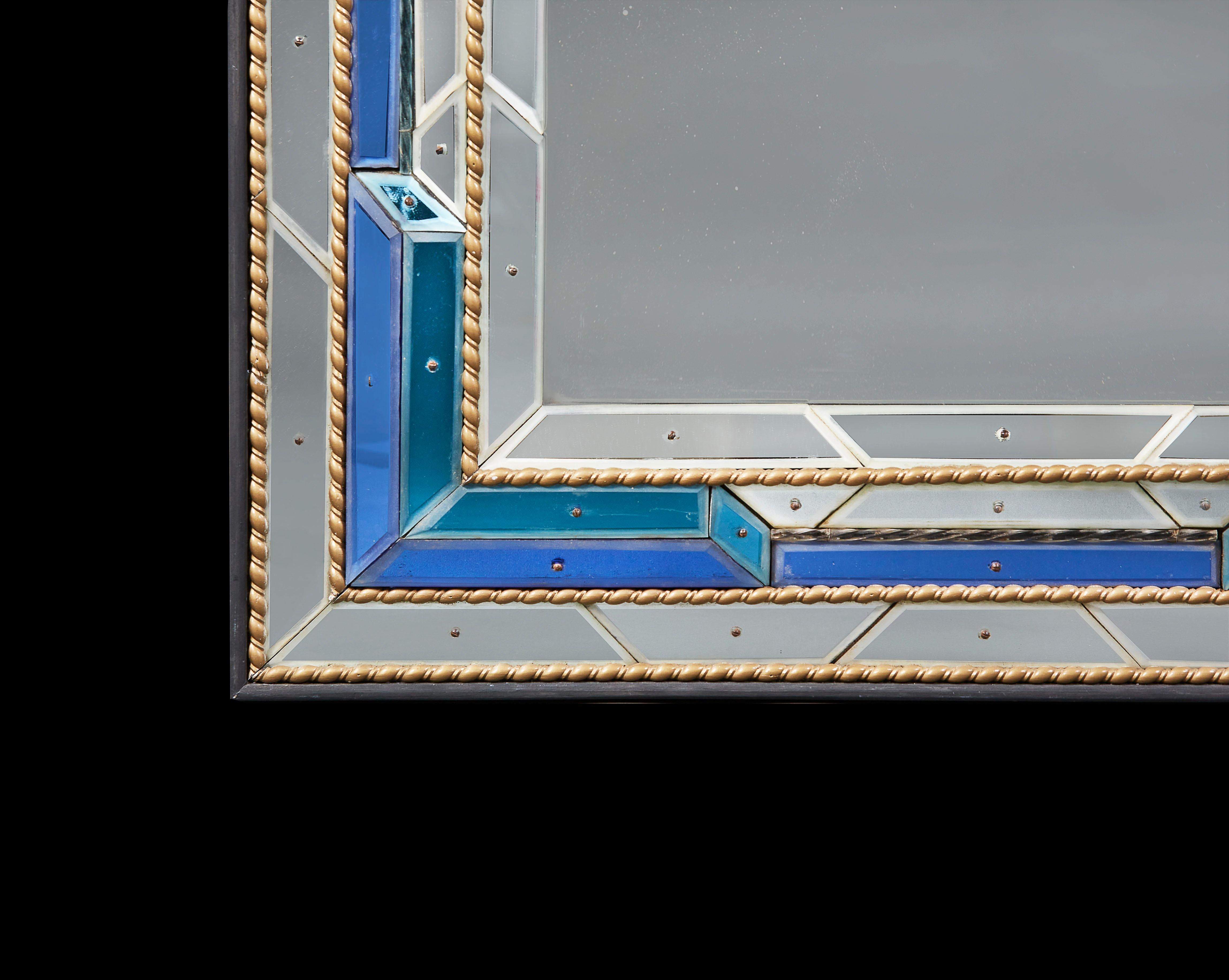 Metal A Matched Pair of Overscale Mid-Century Venetian Mirrors with Blue Border