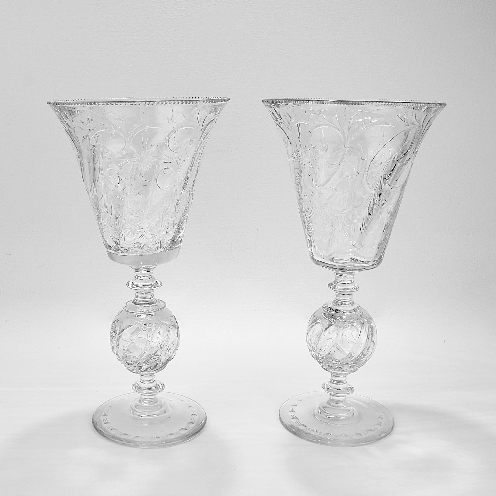 American Matched Pair of Pairpoint Glass Art Deco Ardsley Pattern Footed Vases For Sale
