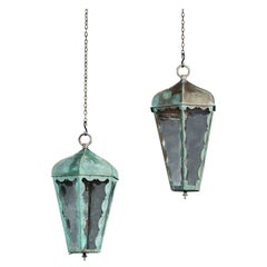 Antique Matched Pair of Verdigris Hanging Lanterns