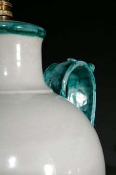 Matched Pair of White and Green Ceramic Table Lamps with Handles