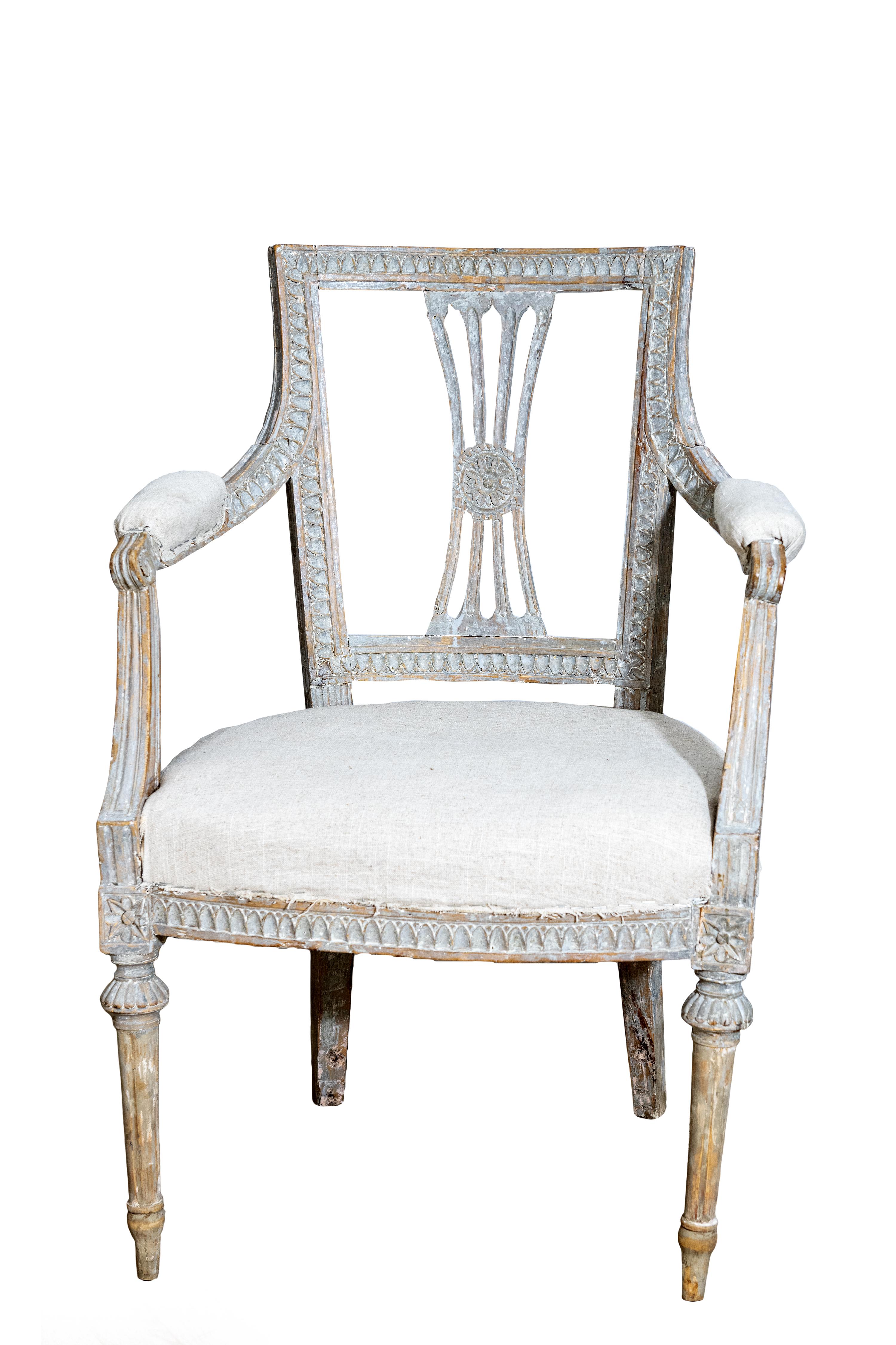 Matched Set of Six Painted Gustavian Dining Chairs, 2 Armchairs and 4 Chairs 4