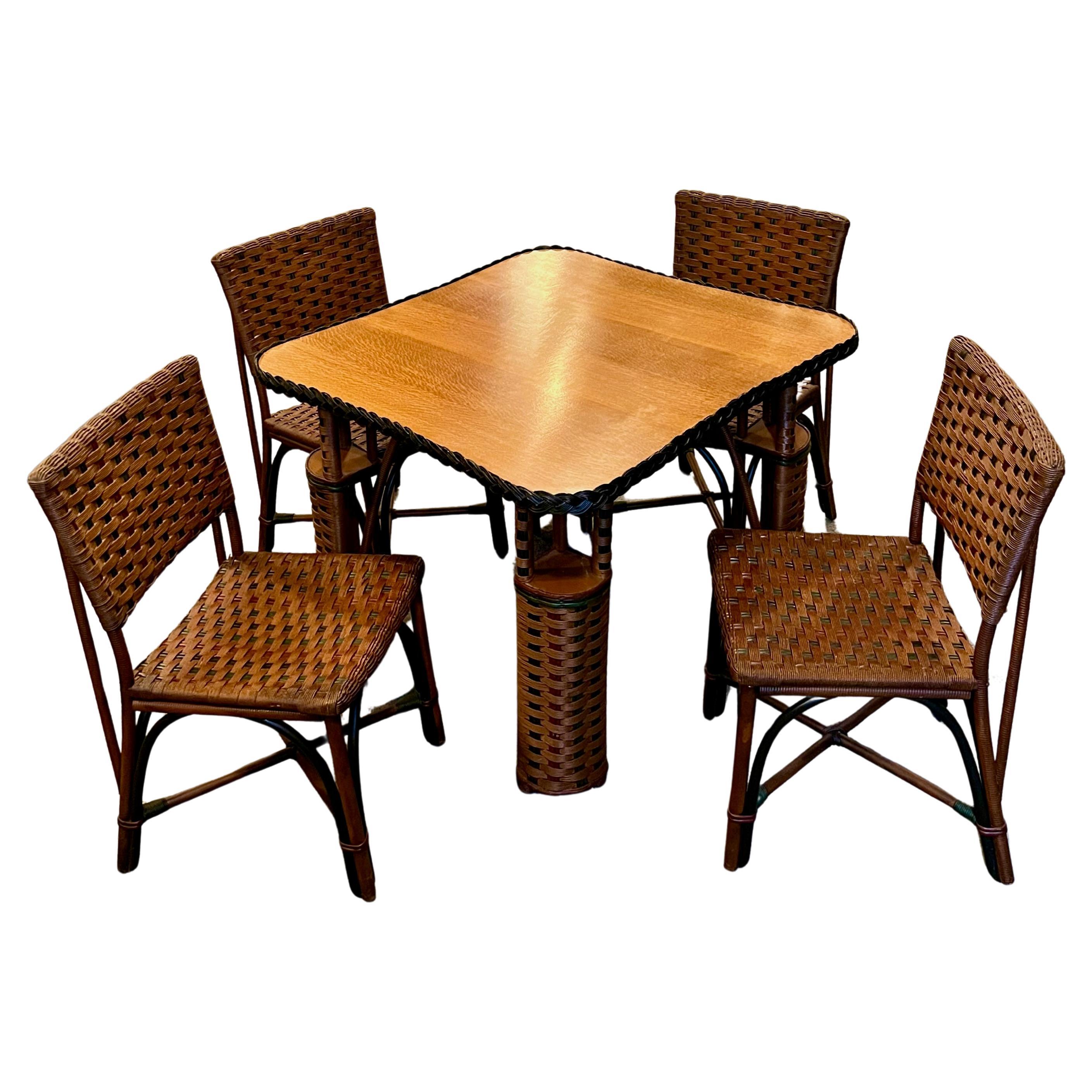 A Matching Five Piece Antique Wicker Card / Game Table and Chairs, C.1920s