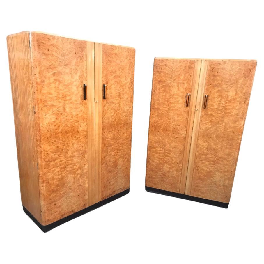 A matching pair of Art Deco Pale Walnut Wardrobes in the style Epstein For Sale