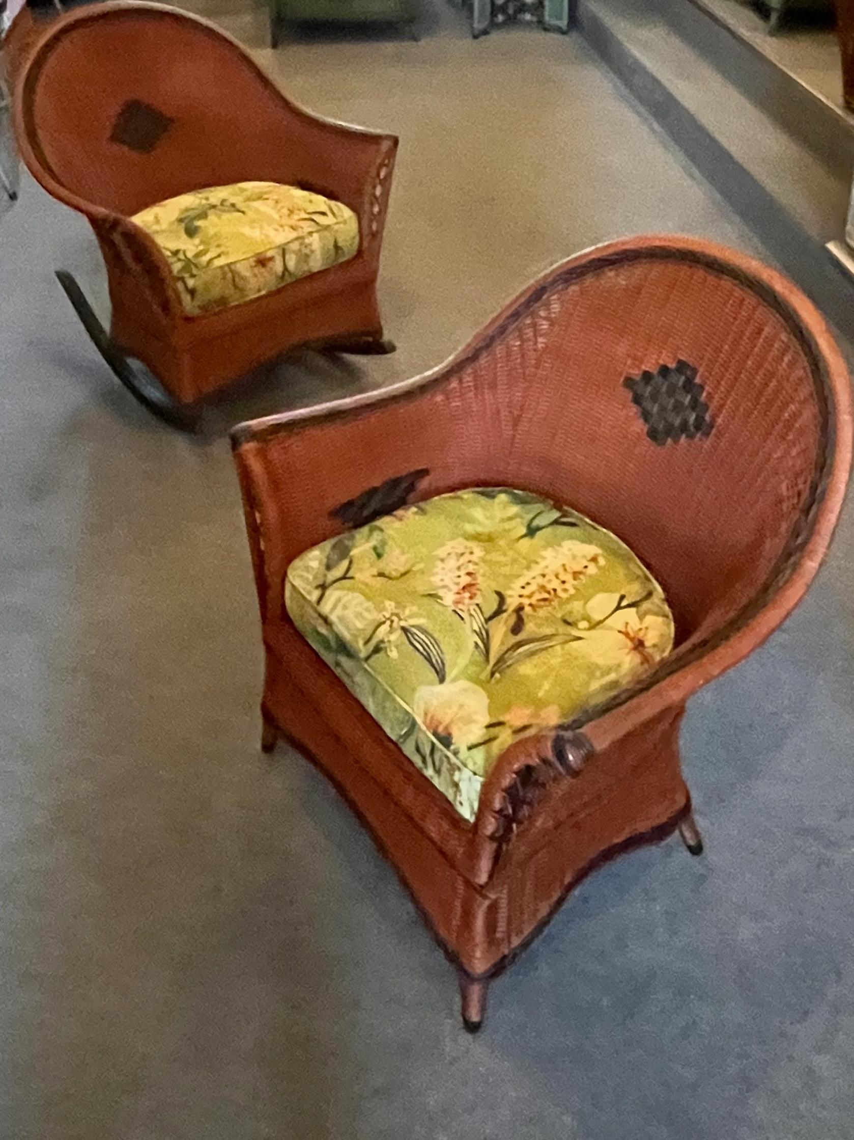 Early 20th Century A Matching Pair of Arts and Crafts Period Wicker Arm Chair and Rocking Chair For Sale