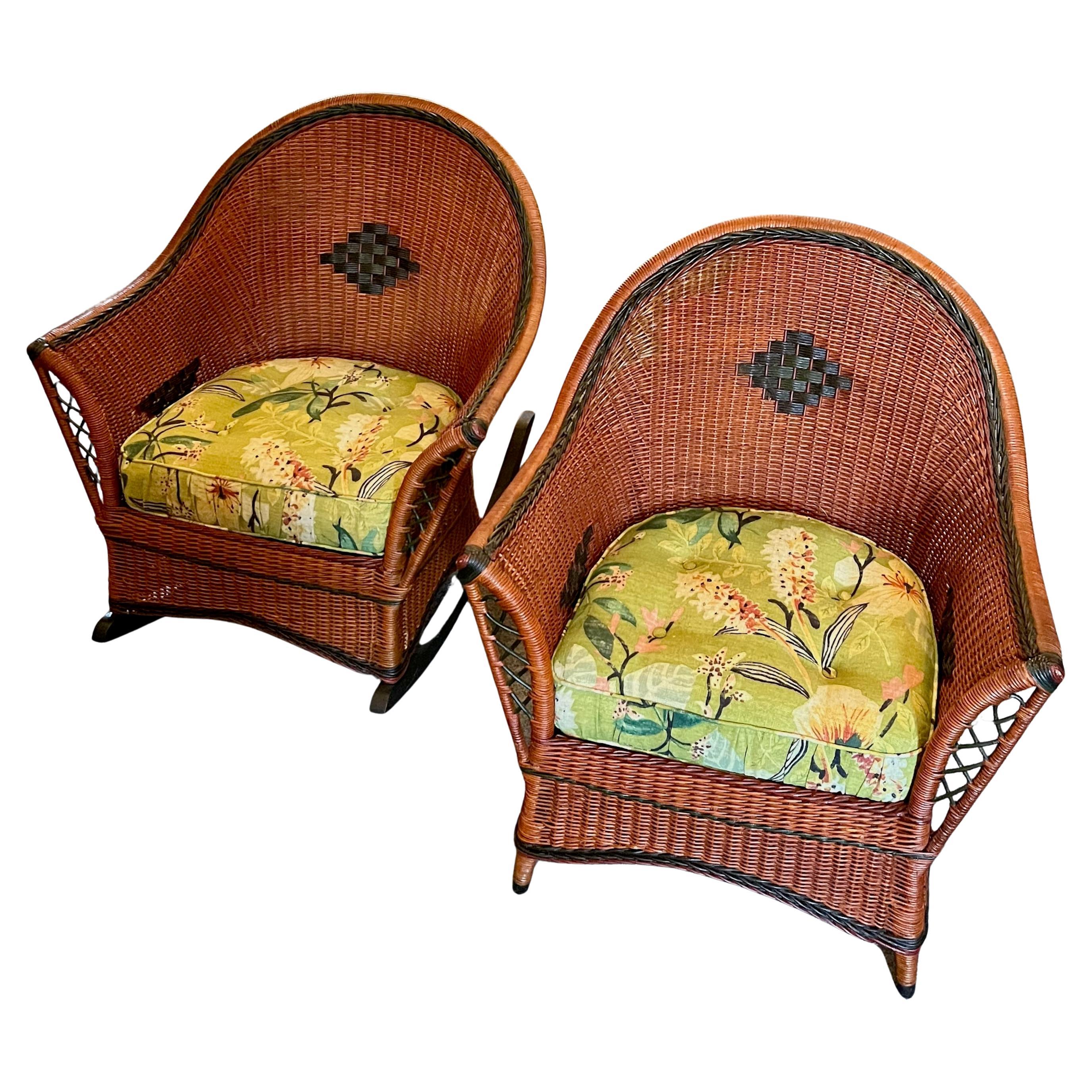 A Matching Pair of Arts and Crafts Period Wicker Arm Chair and Rocking Chair