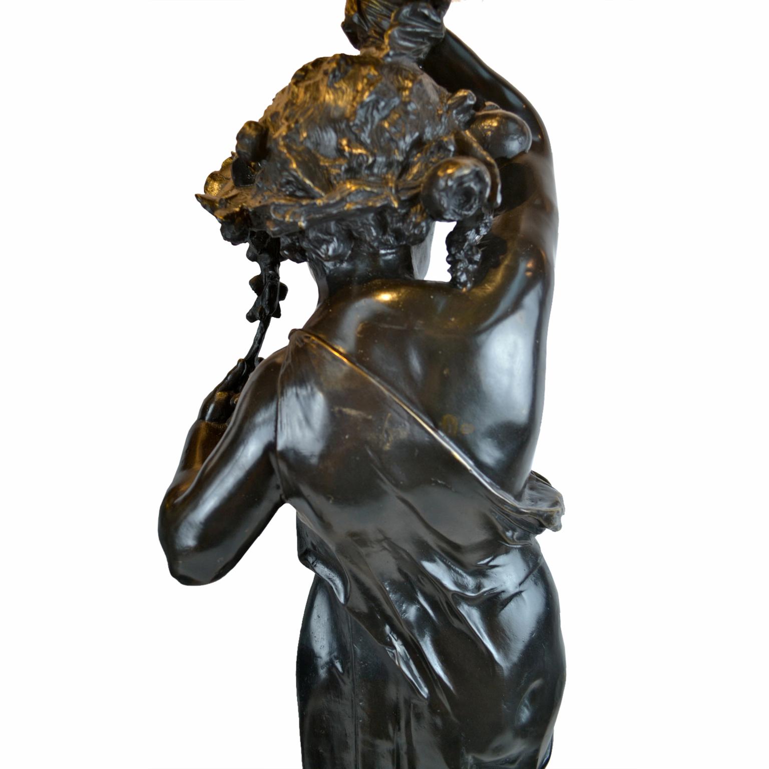 19th Century Matching Pair of Figural Patinated Bronze Flame Torcheres after Clodion For Sale