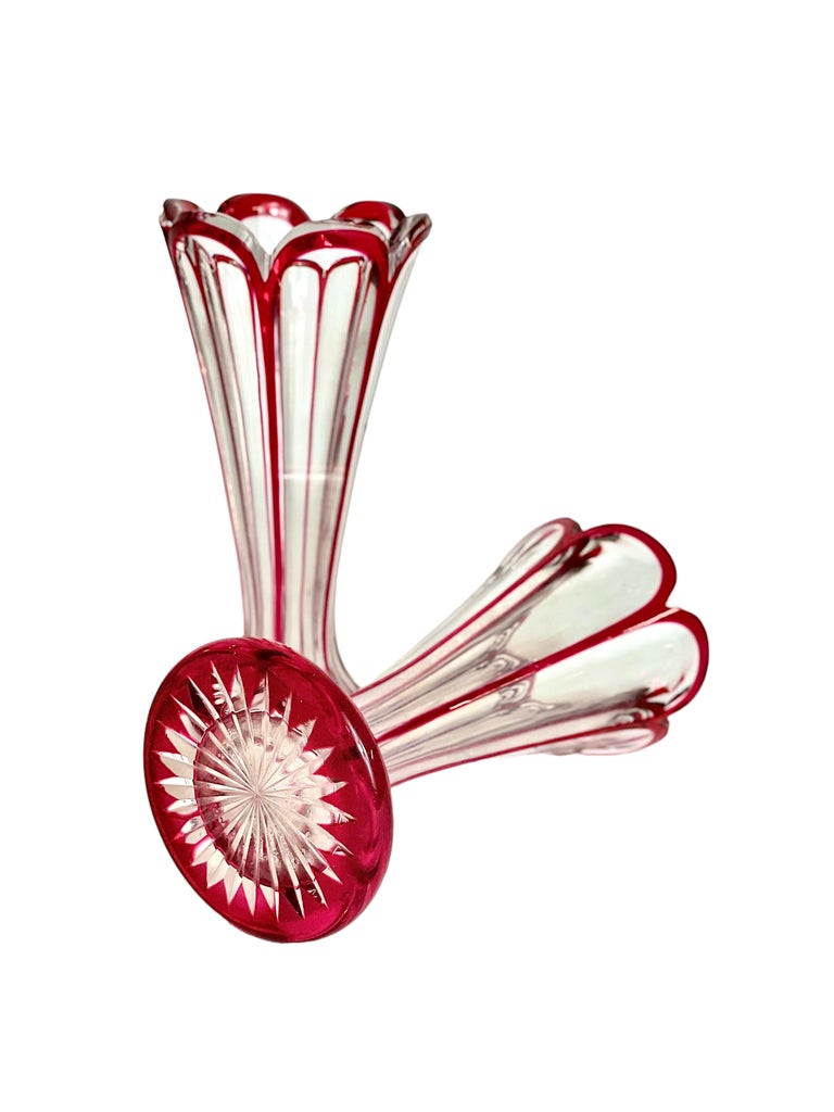 Matching Pair of Red Overlay Crystal Vases For Sale at 1stDibs