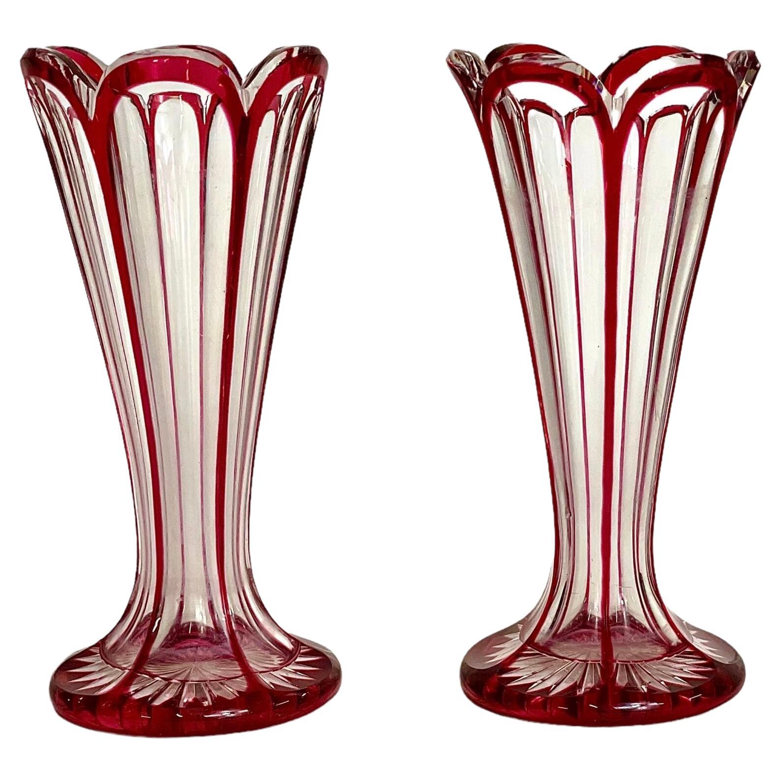 Pair of French Antique Tiny Red Overlay Crystal Vases