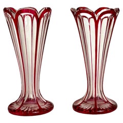 Antique Matching Pair of Red Overlay Crystal Vases