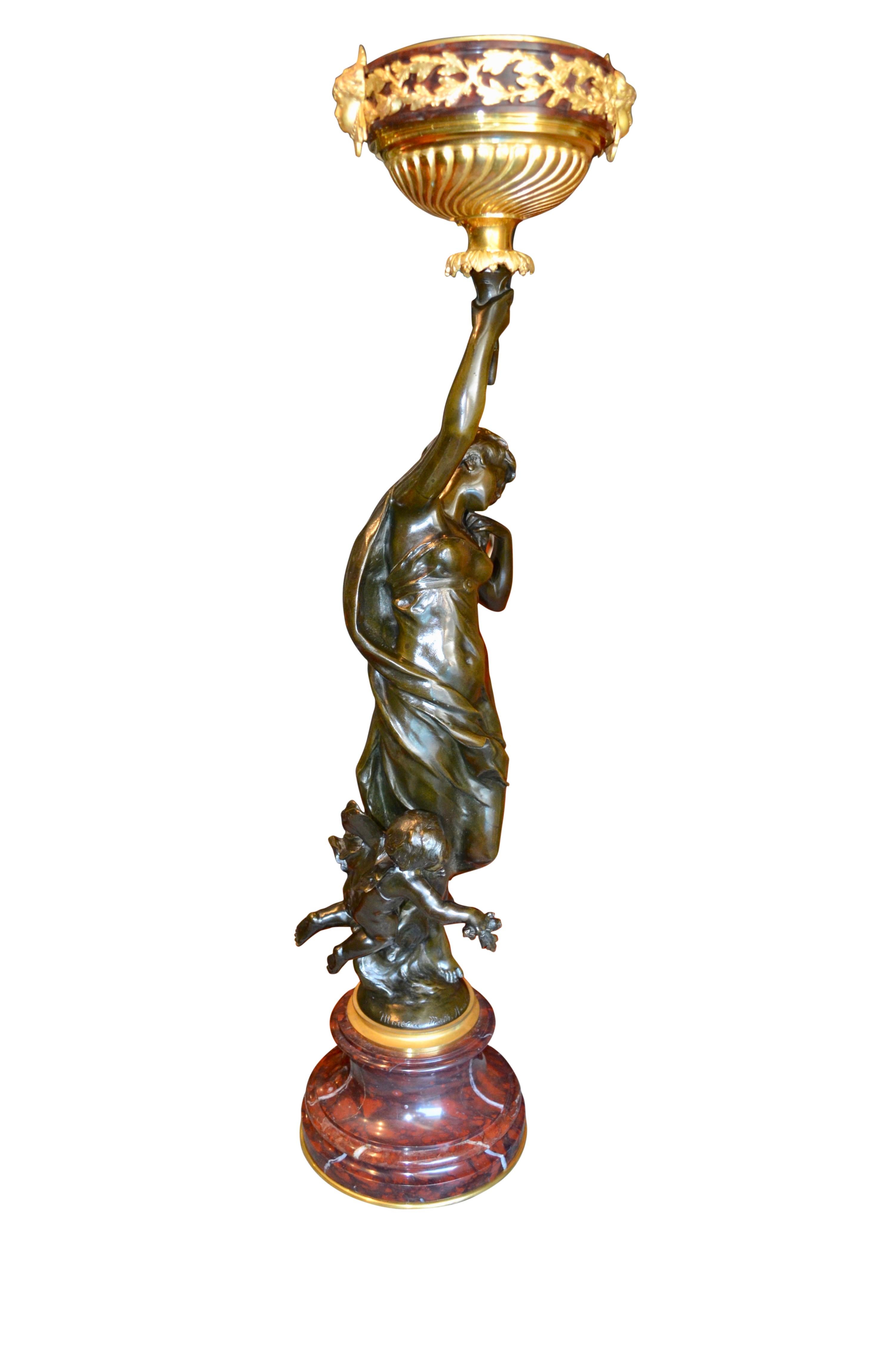 19th Century  Oil Lamp Featuring a Mathurin Moreau Bronze Statue of  a Nymph and Putto   For Sale