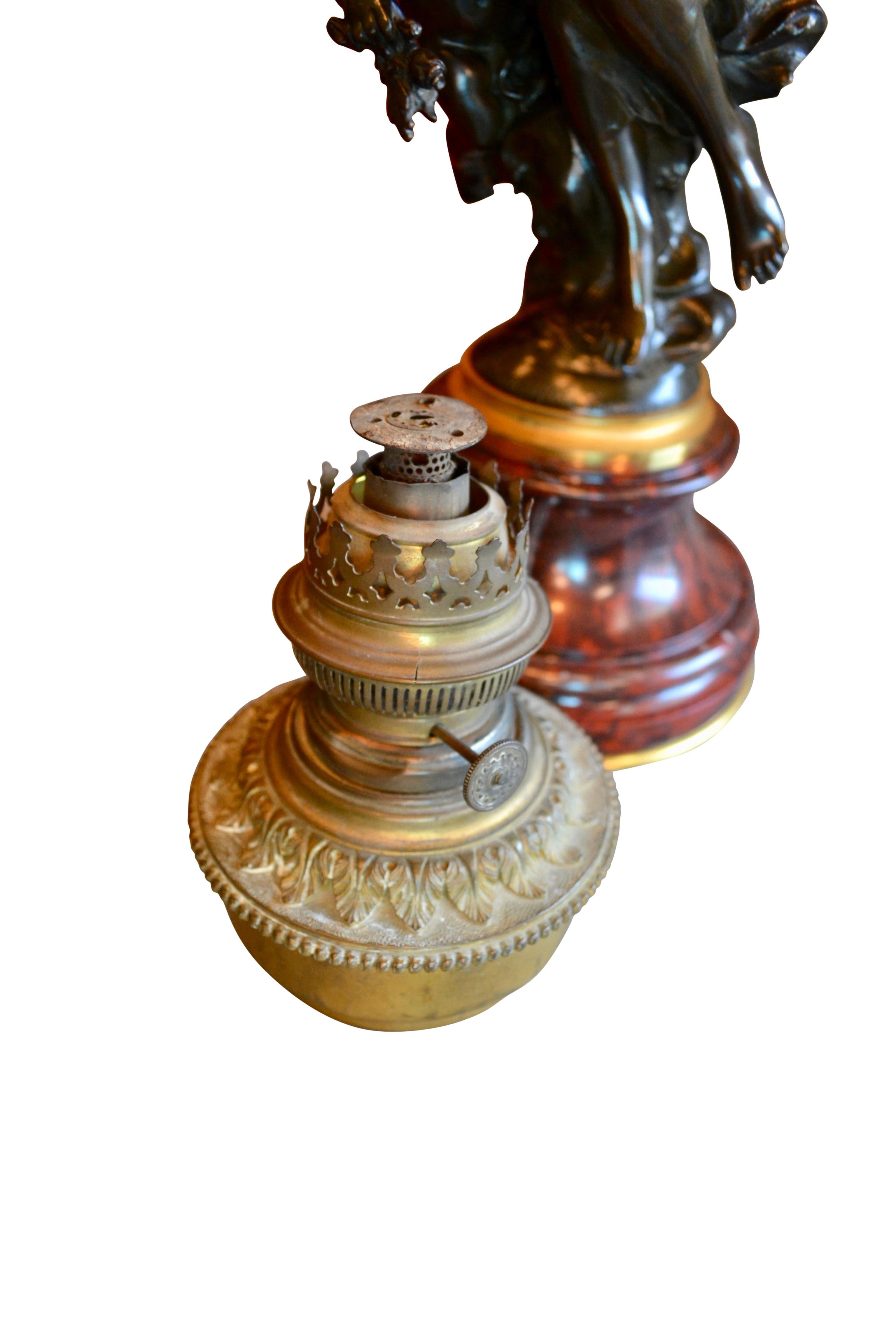  Oil Lamp Featuring a Mathurin Moreau Bronze Statue of  a Nymph and Putto   For Sale 1