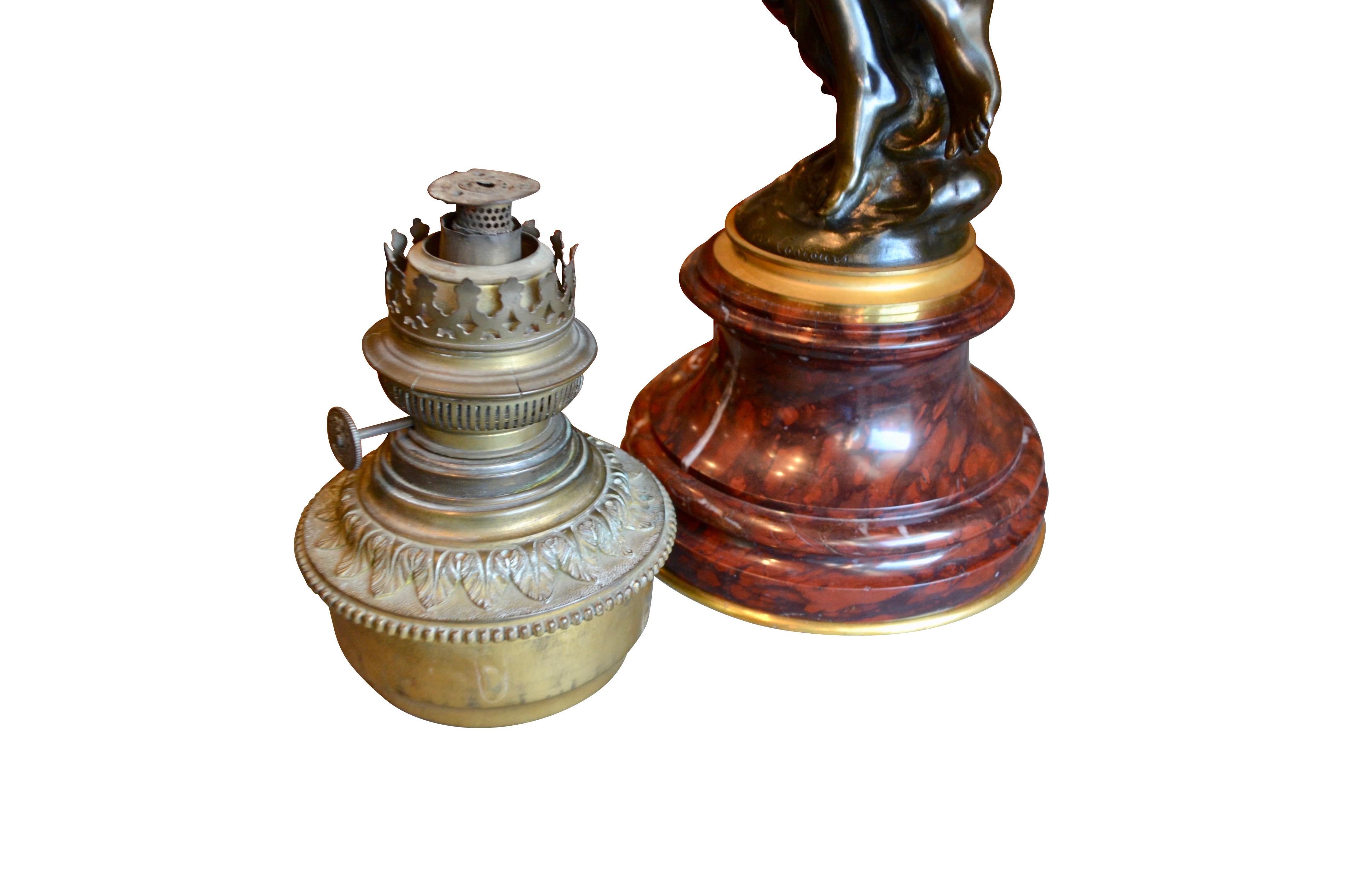  Oil Lamp Featuring a Mathurin Moreau Bronze Statue of  a Nymph and Putto   For Sale 4
