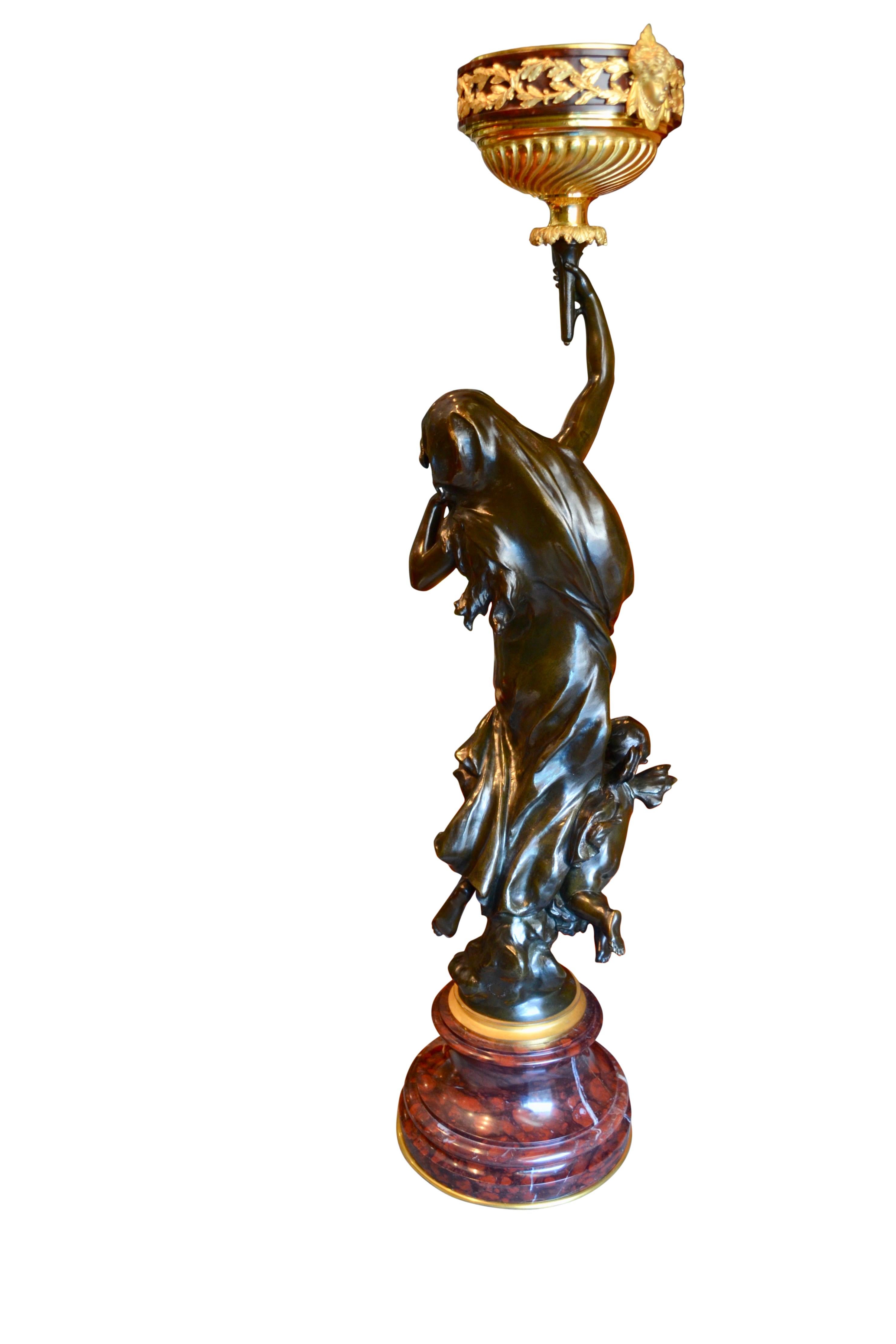 Gilt  Oil Lamp Featuring a Mathurin Moreau Bronze Statue of  a Nymph and Putto   For Sale