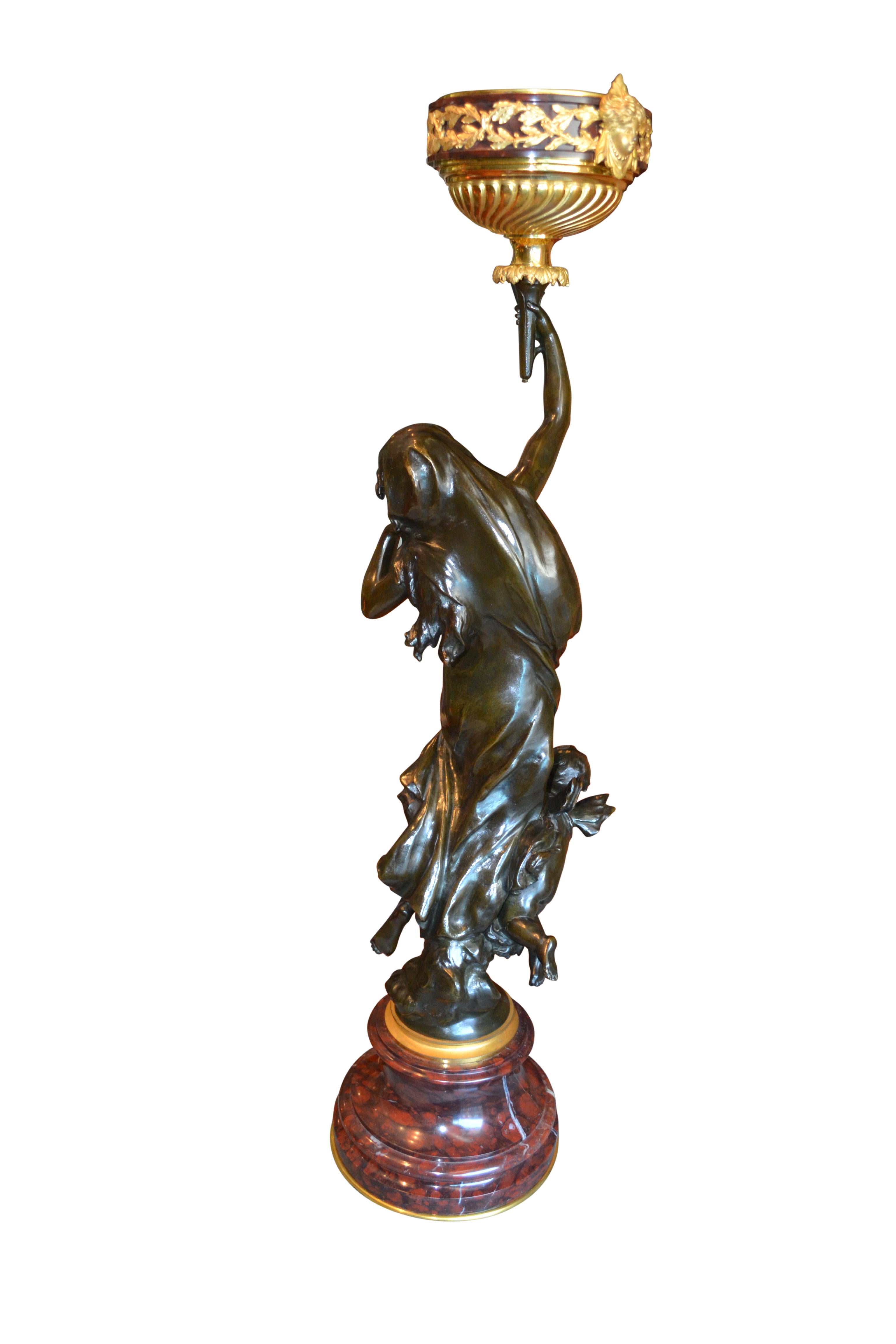  Oil Lamp Featuring a Mathurin Moreau Bronze Statue of  a Nymph and Putto   In Good Condition For Sale In Vancouver, British Columbia