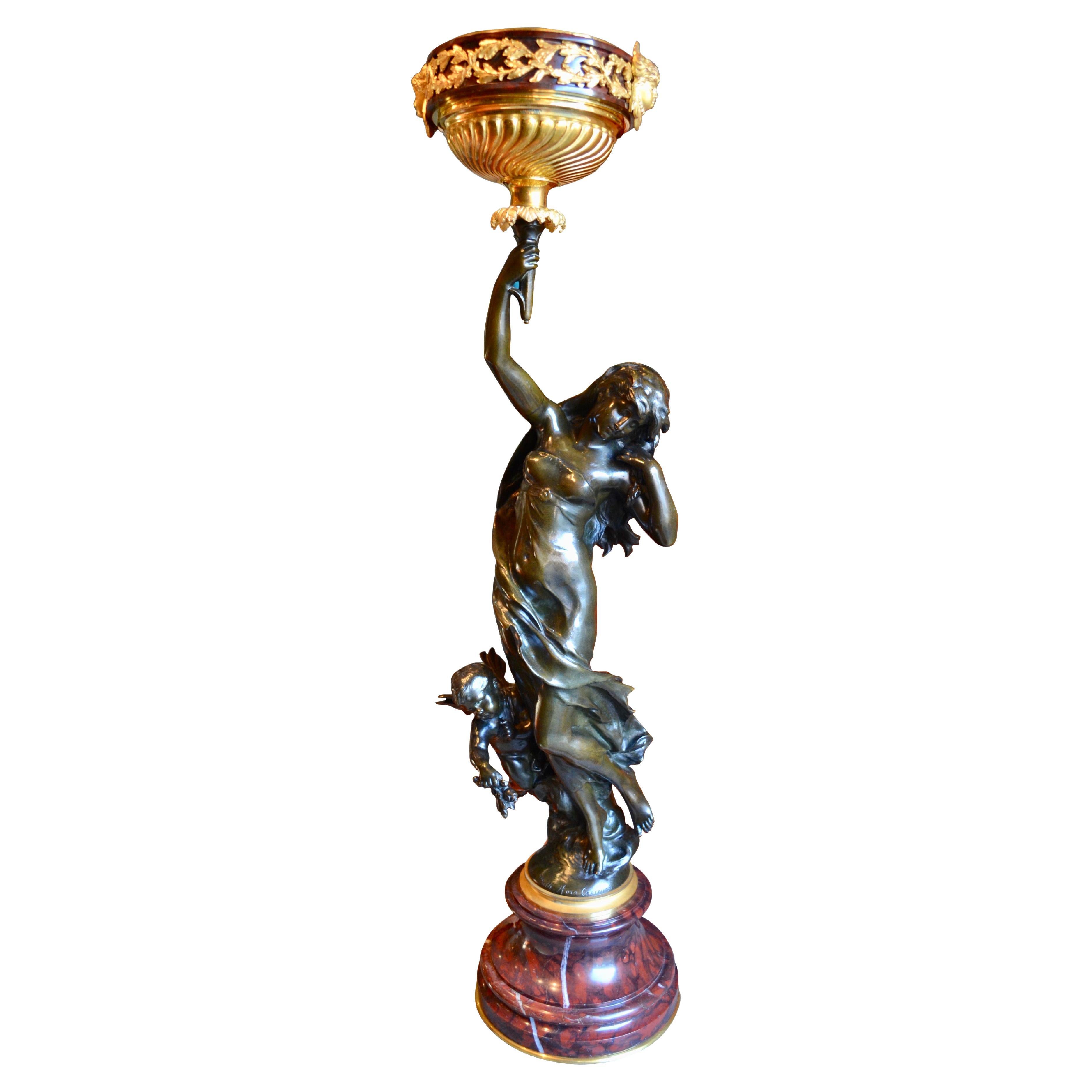  Öllampe mit einer Mathurin Moreau-Bronzestatue des  eine Nymphe und ein Putto  