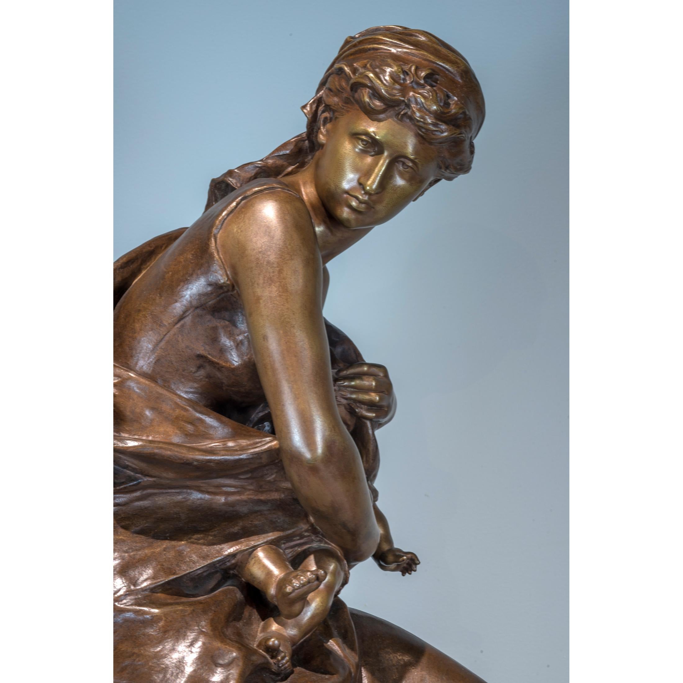 Mathurin Moreau Patinated Signed Bronze Group of a Mother and Child In Good Condition For Sale In New York, NY